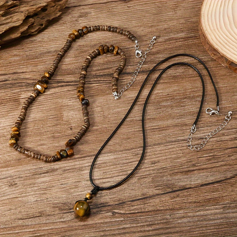 Ensemble élégant de collier 2 pièces en œil du tigre et coquille de noix de coco ( Coffret non inclus )) MAEJORKEN