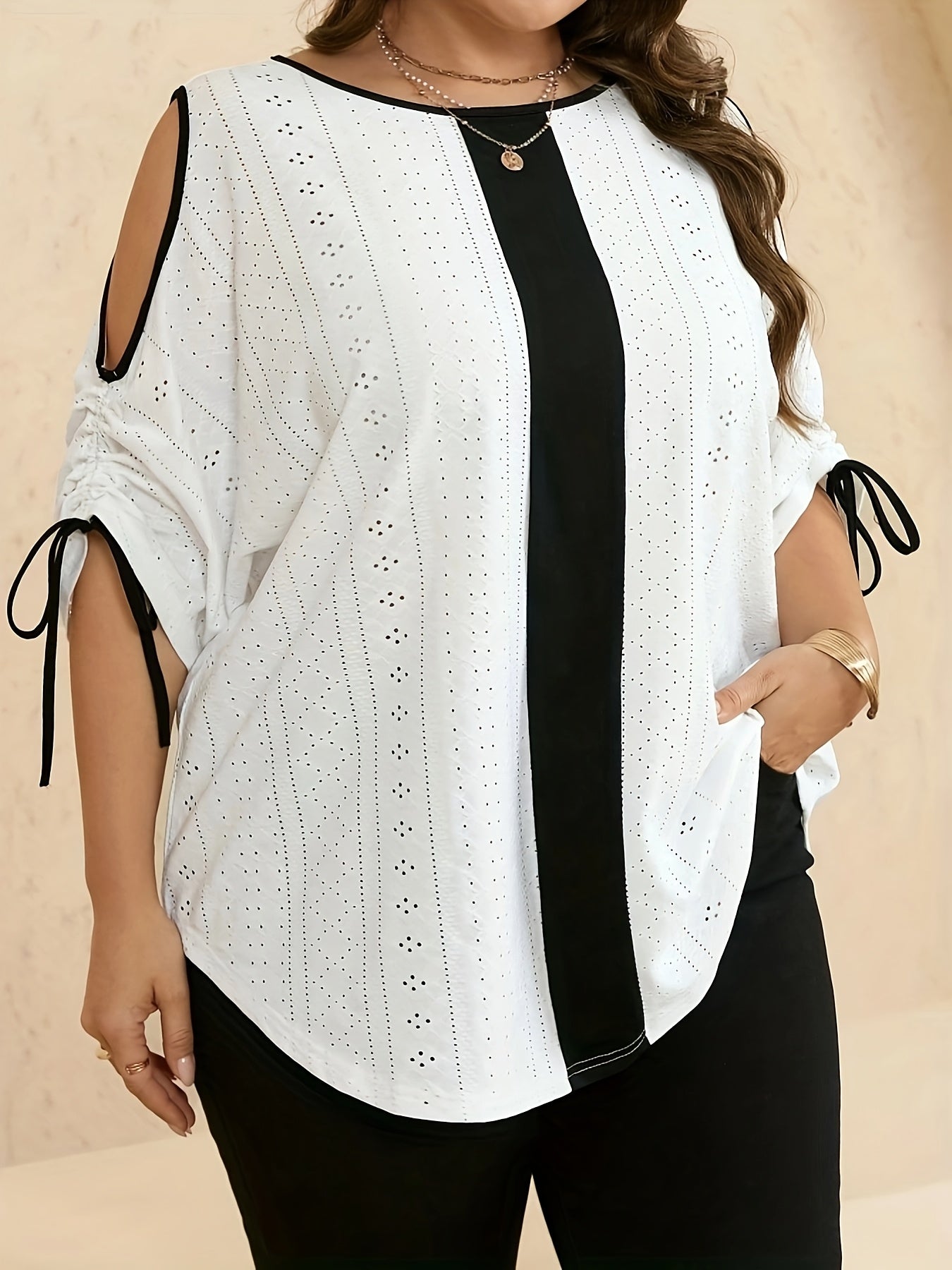Plus Size - Women'S Plus Size Elegant White Blouse with Black Drawstring Sleeves - Round Neck, Stretchy Polyester-Spandex Blend, All-Season Versatile Top for Casual or Formal Wear, Versatile Fashion | Round Neck Blouse | Medi MAEJORKEN