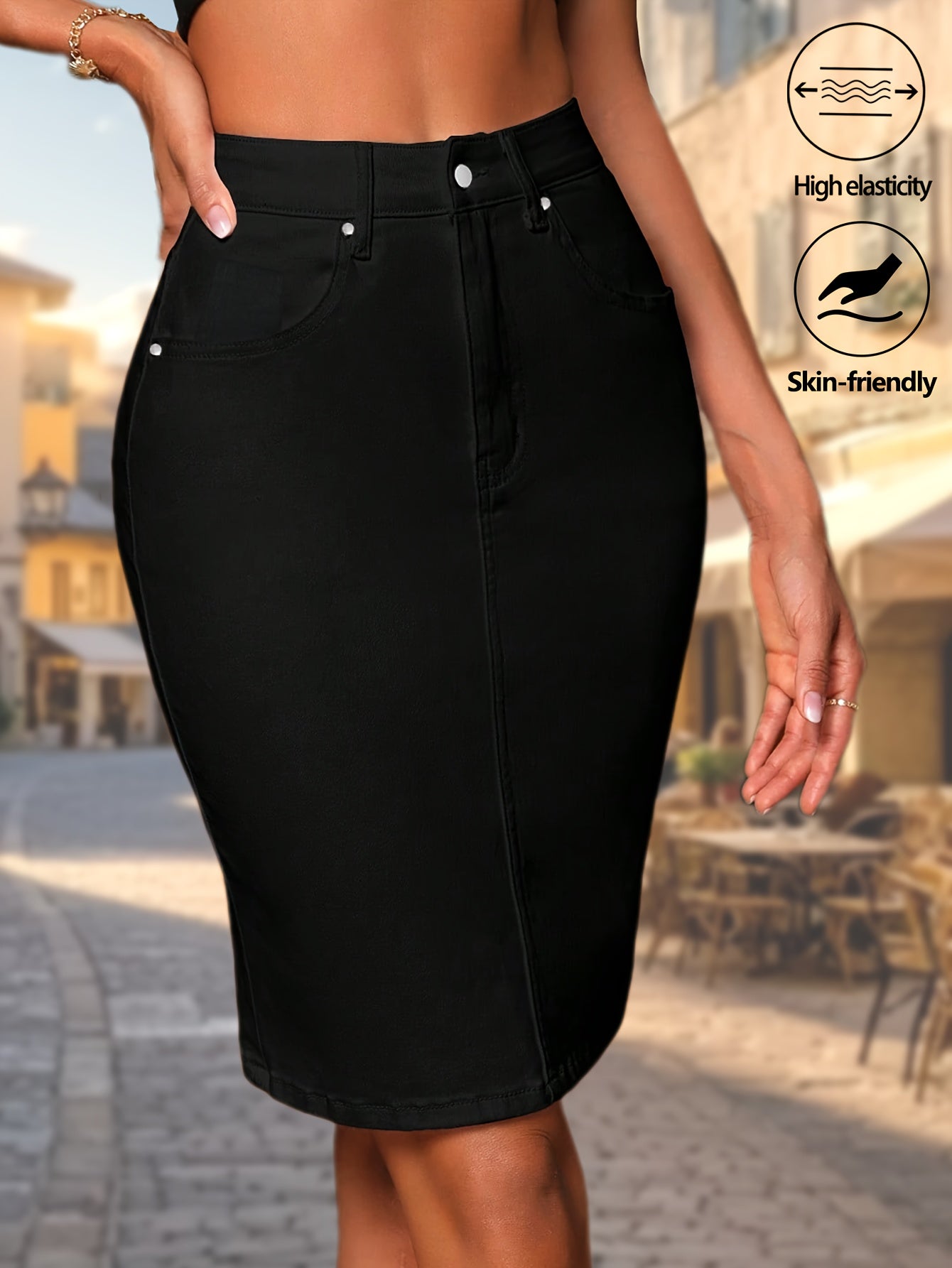 Jupe en denim moulante taille haute longueur du genou du S au 2XL