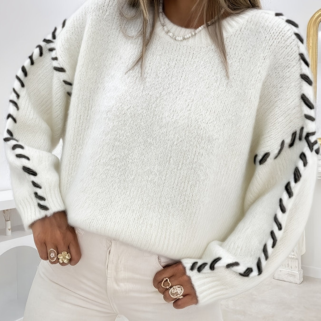 Women'S Elegant Long Sleeve Round Neck Sweater - Soft Ribbed Texture, Chic Minimalist Design for Fall Winter, Cozy Casual & Holiday Outfits - Versatile Solid Color Pullover, Cute Sweater, Festive Attire, Sophisticated Style, MAEJORKEN