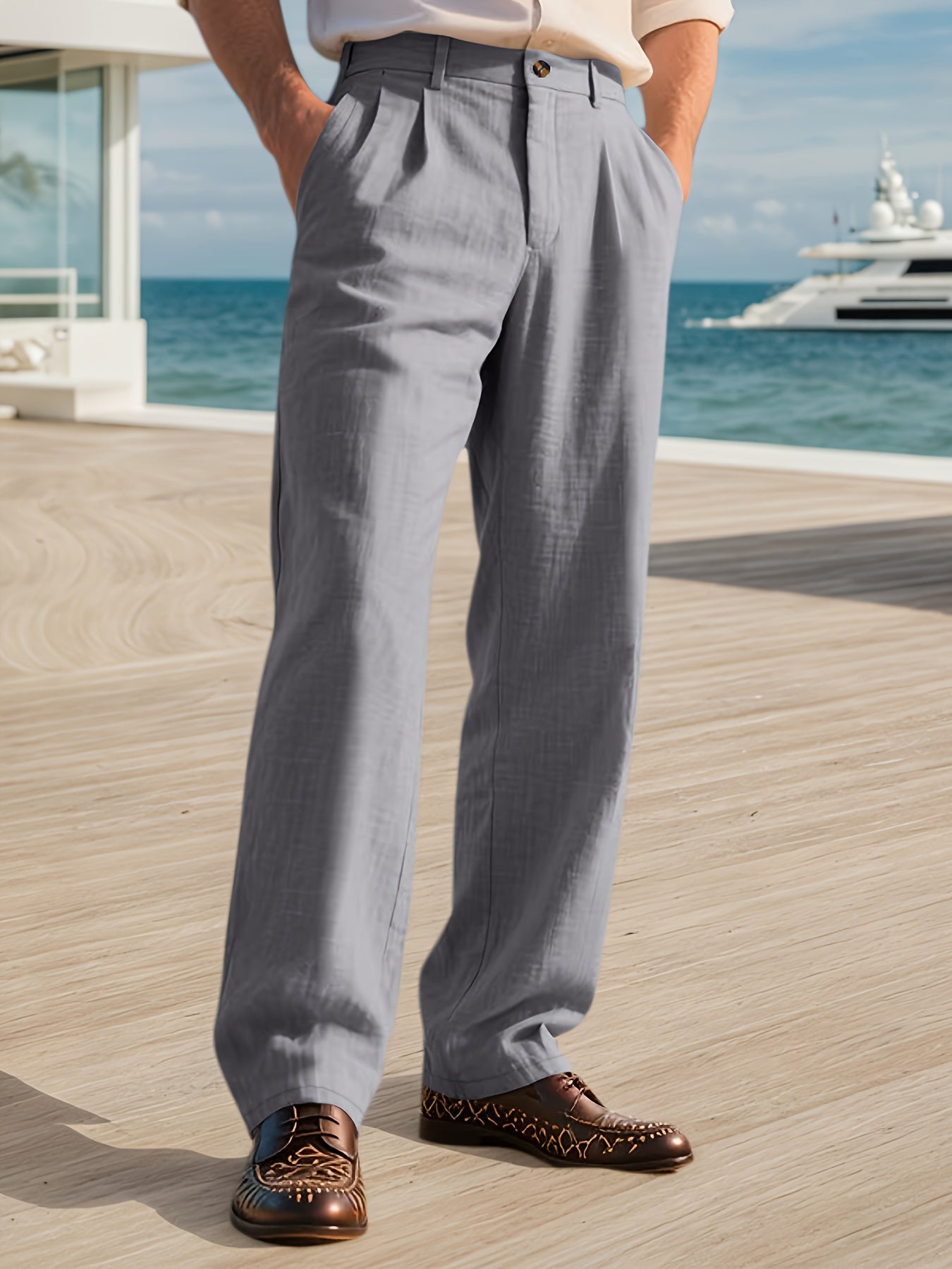 Men's Linen Suit Pants - Heavy-Duty Non-Stretch All-Season Business & Formal Wear, Light Business Casual Dress Trousers with White Piping (Matching Jacket Required), Versatile for Weddings & Office - Ideal Gift MAEJORKEN