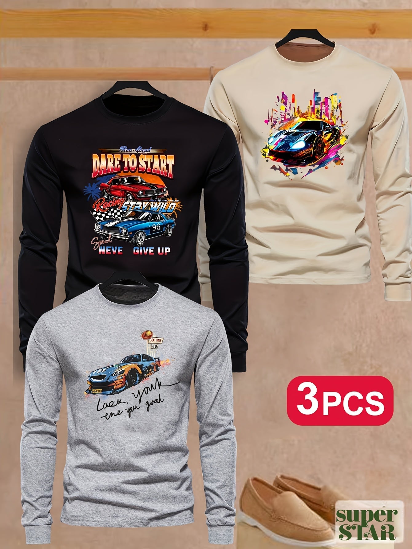 3pcs Boys' Casual Long Sleeve T-Shirts - Vibrant Sports Car Print, "Dare to Start" & "Never Give Up" Inspirational Messages, High-Elasticity Fabric, Crew Neck, Fall Fashion, Motocross Jersey, For Teenager MAEJORKEN