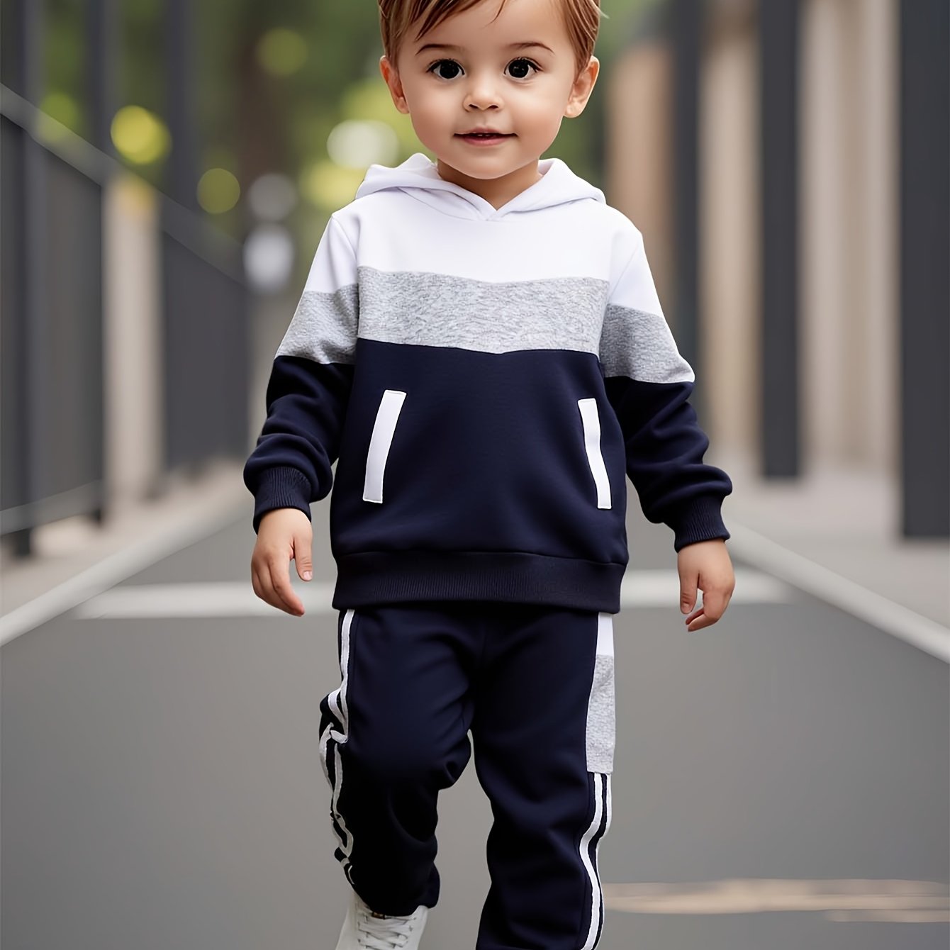 Boys' Dreamy Dresses Fall/Winter Fashion Set - Color Block Hoodie & Casual Pants in White, Gray, Navy - Polyester, Long Sleeve, Non-Stretch Fabric, Winter Youngsters's Clothing|Casual Pants Set|Easy Care Material, Perfect for MAEJORKEN