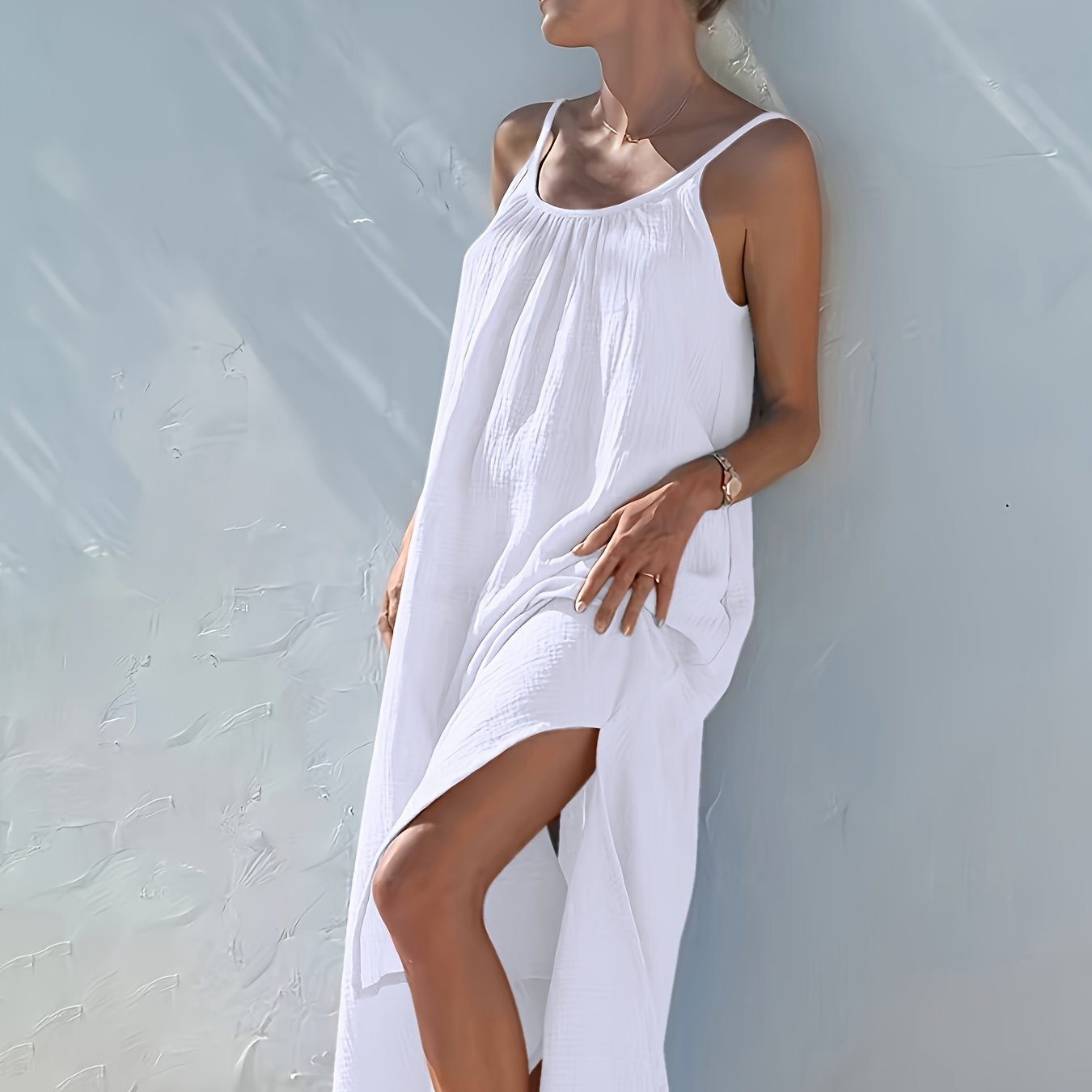 Robe d été sans manches avec plis sur le décolleté & fente latéral du S au 2XL