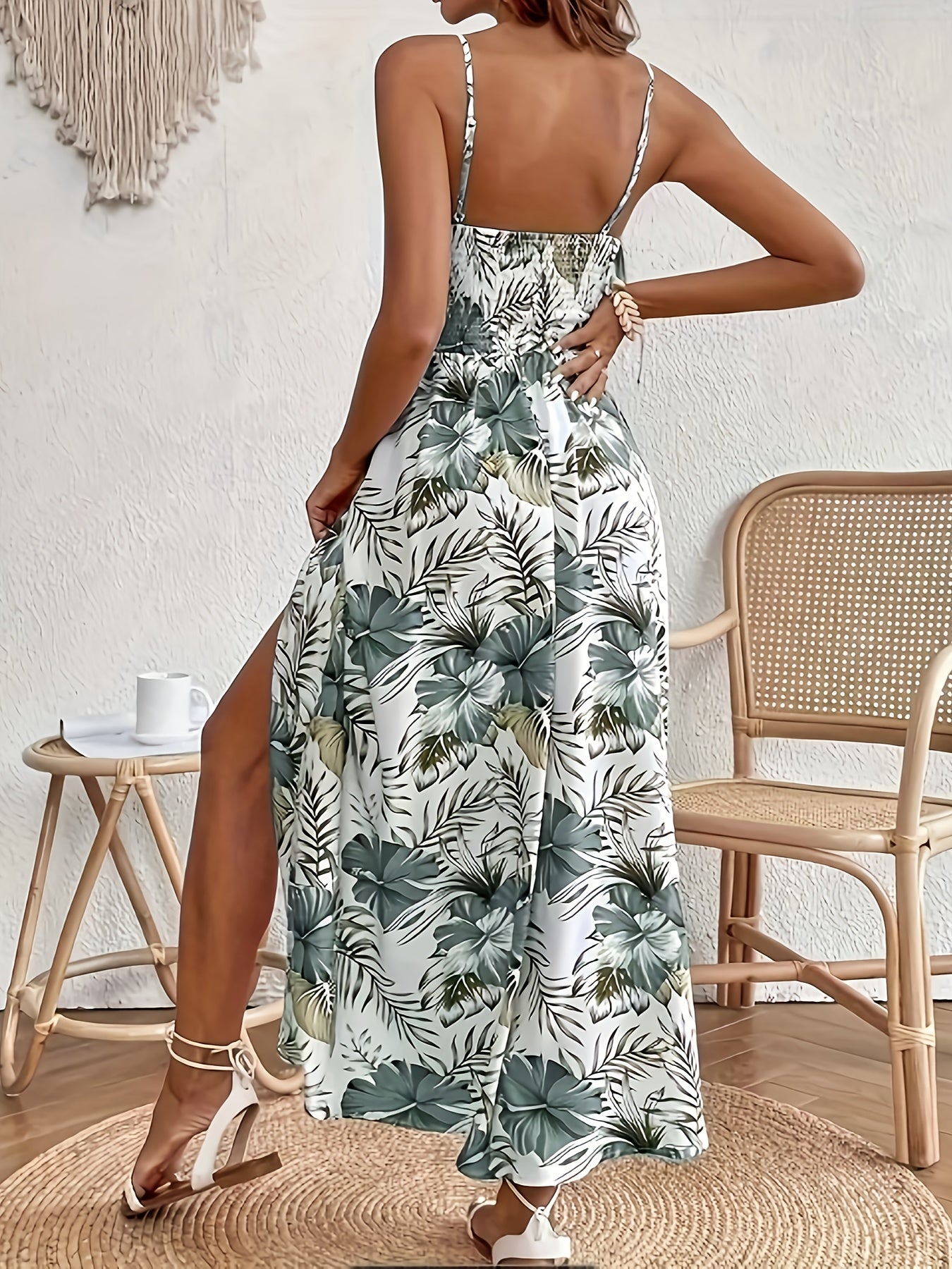 Robe élégante à imprimé feuillage tropical avec bretelles spaghetti du XS au XL