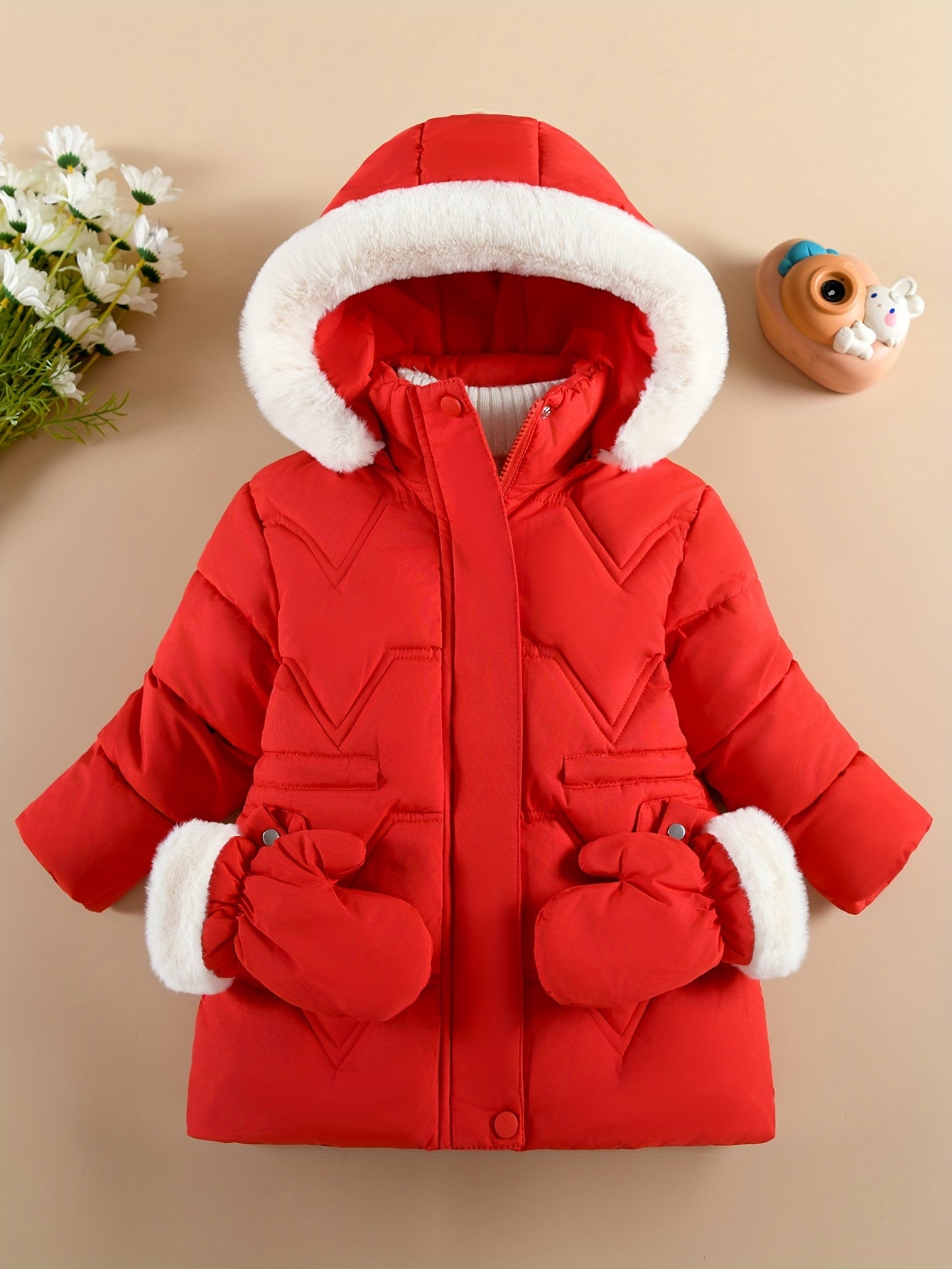Girl'S Comfy Solid Color Long Sleeves Warm Hooded with Pockets & Gloves, Trendy Versatile Zip-Up Coat for Outdoors, Fall And Winter Best Choice MAEJORKEN