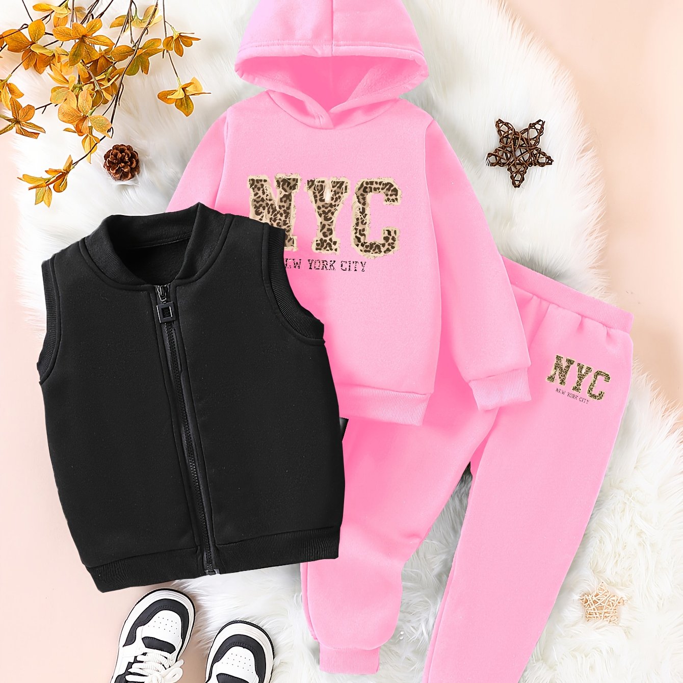3pcs Girls' NYC Glitter Lettering & Golden Trim Winter Warmth Full-Zip Hooded Sweater & Wide-Leg Pants Set with Faux Fur Hood - Thickened Outerwear for Fall/Winter, Machine Washable - Pink & Black Lettering, White Lettering & MAEJORKEN