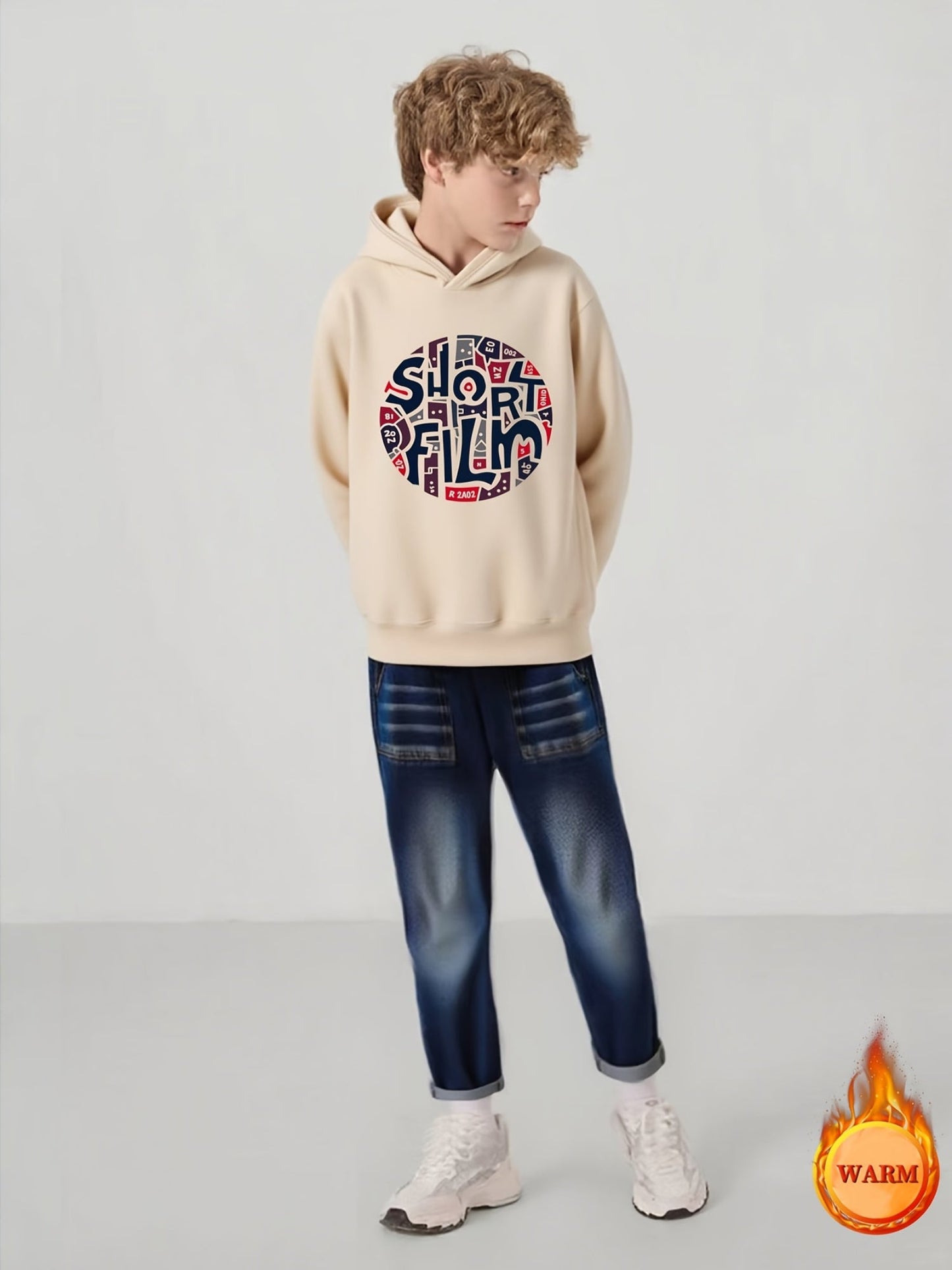 2025 New Boys' Fleece-Lined Hoodie Set - Autumn/Winter Thickened Style, SHORT FILM Letter Print Round Neck Top + Faux Denim Two-Piece Outfit for Ages 8-13, Trendy Kids' Clothing, Hand Washable & Easy Care, Warm Wear for Schoo MAEJORKEN