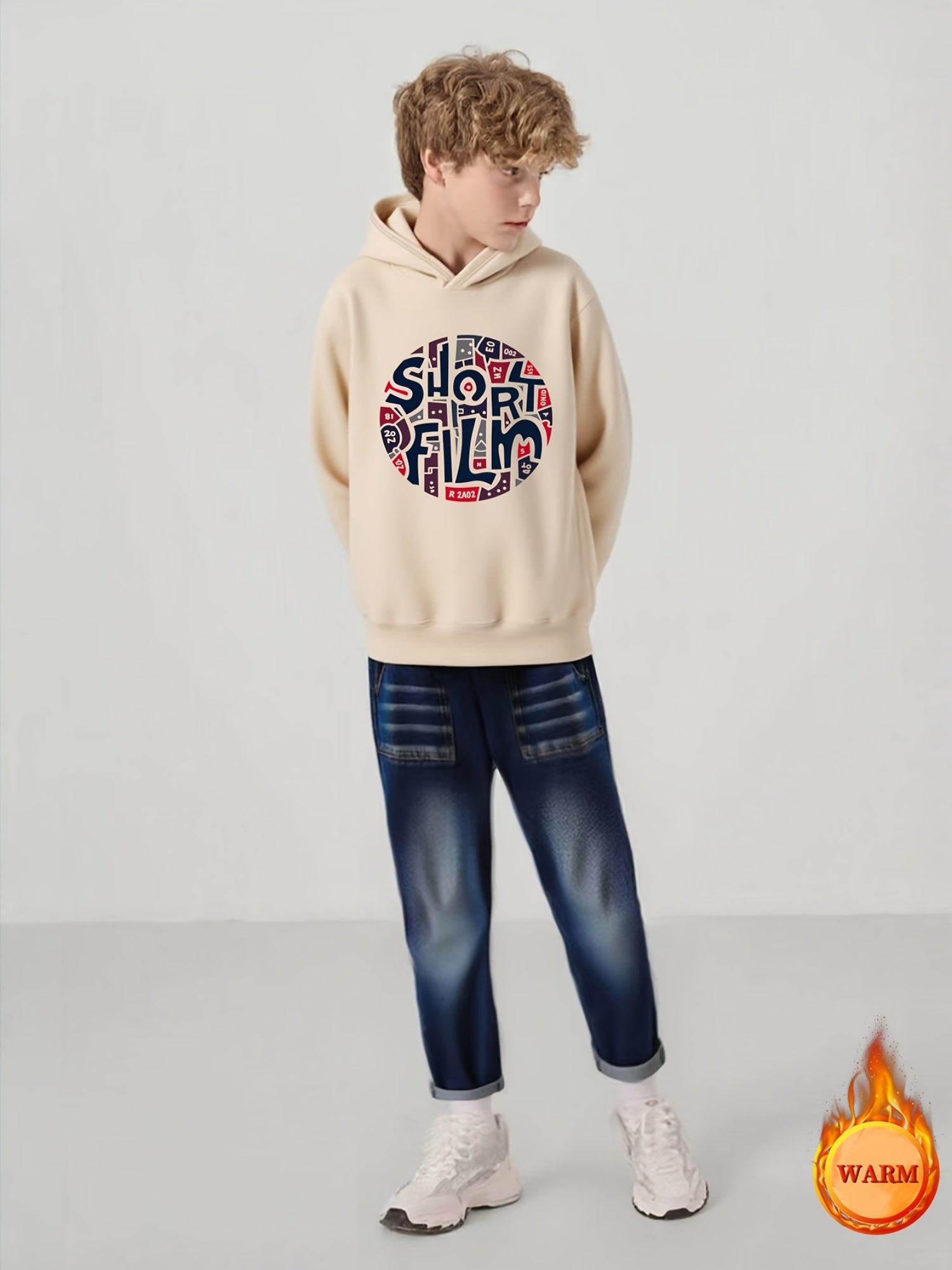 2025 New Boys' Fleece-Lined Hoodie Set - Autumn/Winter Thickened Style, SHORT FILM Letter Print Round Neck Top + Faux Denim Two-Piece Outfit for Ages 8-13, Trendy Kids' Clothing, Hand Washable & Easy Care, Warm Wear for Schoo MAEJORKEN