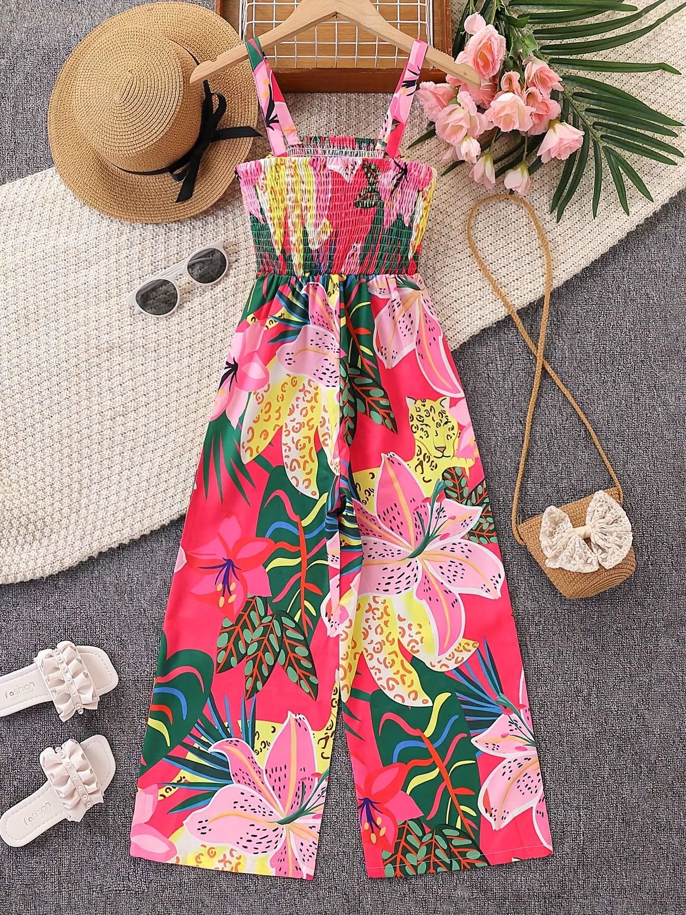 Combinaison élégante à imprimé floral avec taille froncée et design jambes larges du 7 au 16 ans