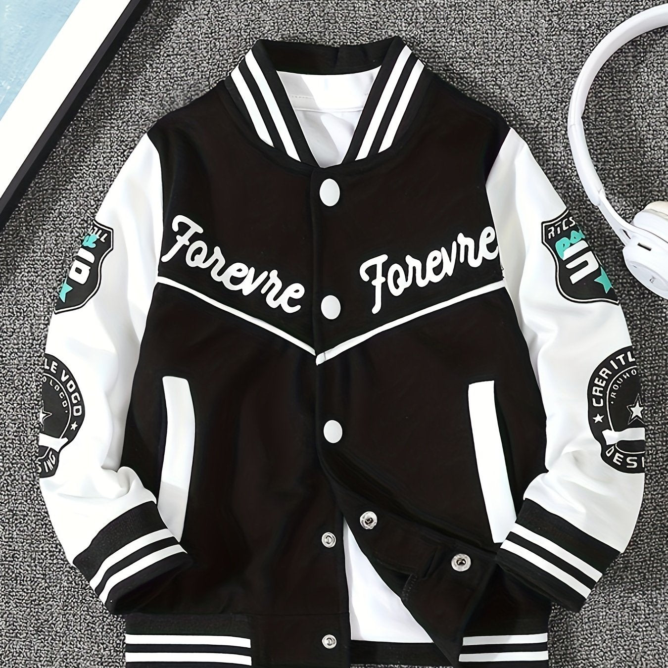 Veste de baseball garçons noir et blanc boutonnage devant du 4 au 13 ans