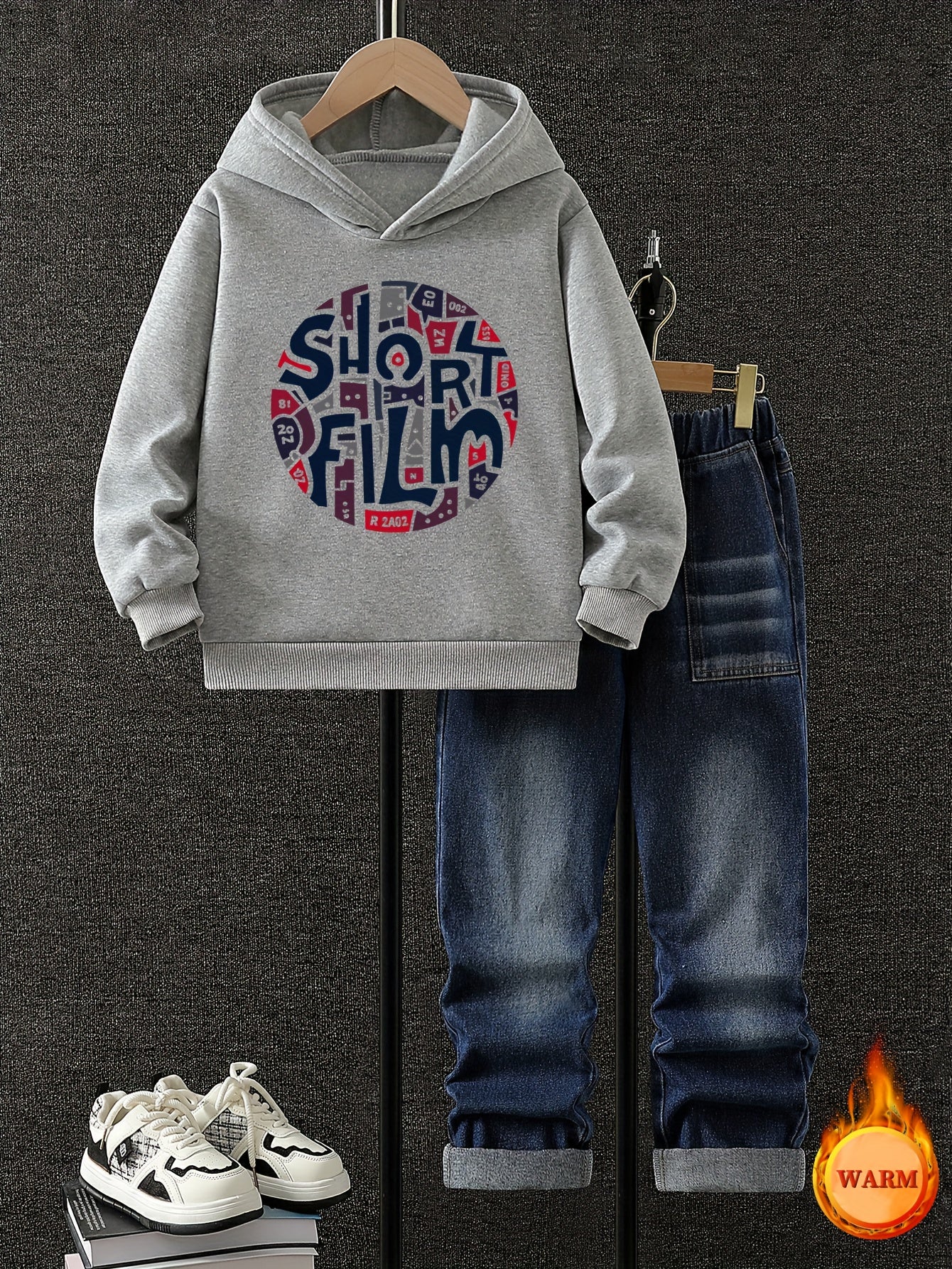2025 New Boys' Fleece-Lined Hoodie Set - Autumn/Winter Thickened Style, SHORT FILM Letter Print Round Neck Top + Faux Denim Two-Piece Outfit for Ages 8-13, Trendy Kids' Clothing, Hand Washable & Easy Care, Warm Wear for Schoo MAEJORKEN