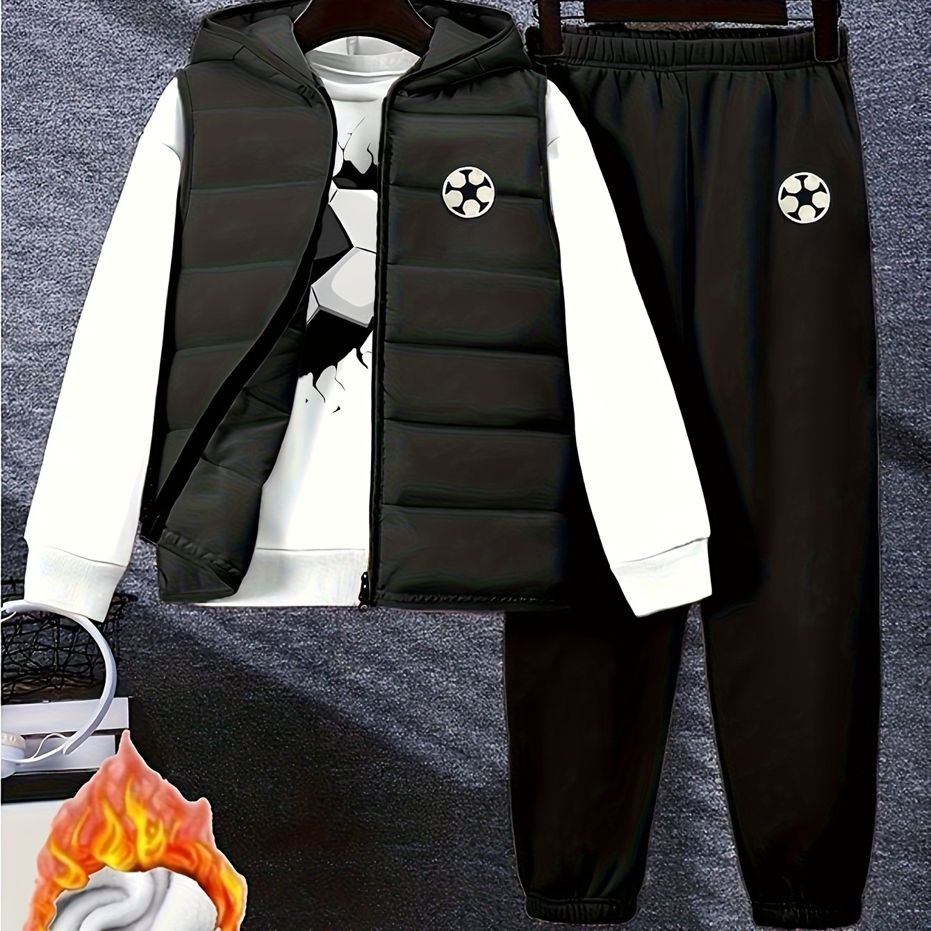 Boys' Autumn and Winter Black and Cartoon Football Set - 8-12Y Warm 3pcs Outfit (Fleece Vest + Sweatshirt + Pants), for Outdoor MAEJORKEN
