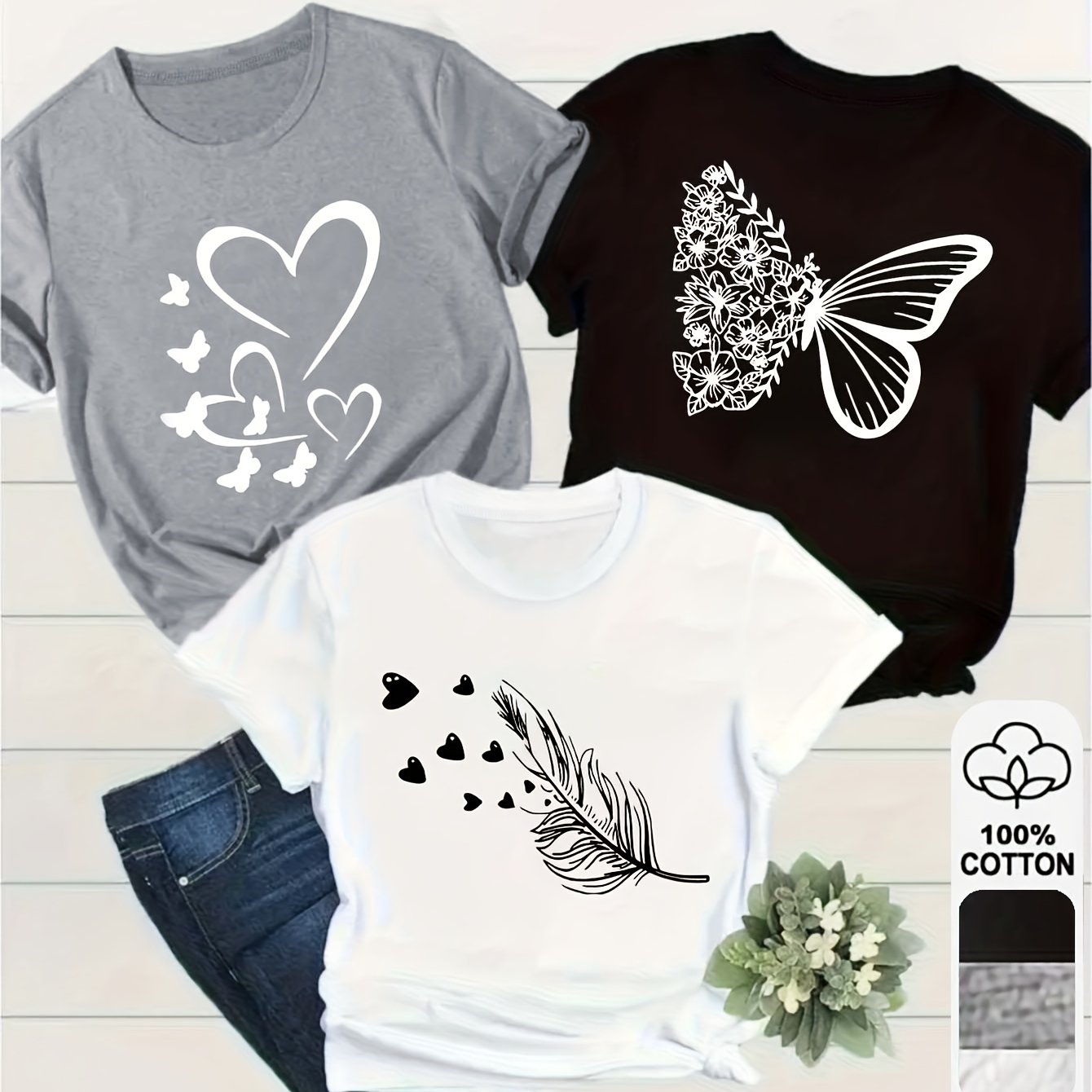 Lot de 3t-shirts à manches courtes 100% coton pour femme du S au 2XL
