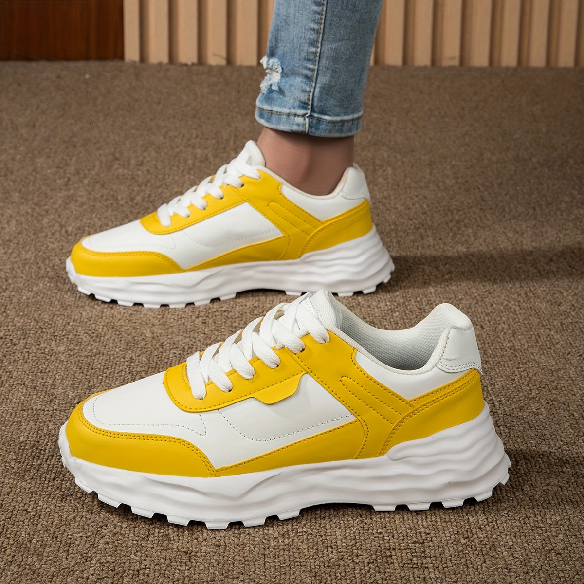 Women'S Casual Sneakers - Stylish Low-Top Lace-Up Shoes with Vibrant Neon Green & White Color Block Design, Breathable Fabric Lining, EVA Cushioned Sole for All-Season Outdoor Commuting & Casual Attire, Ladies Sneakers, Comfo MAEJORKEN