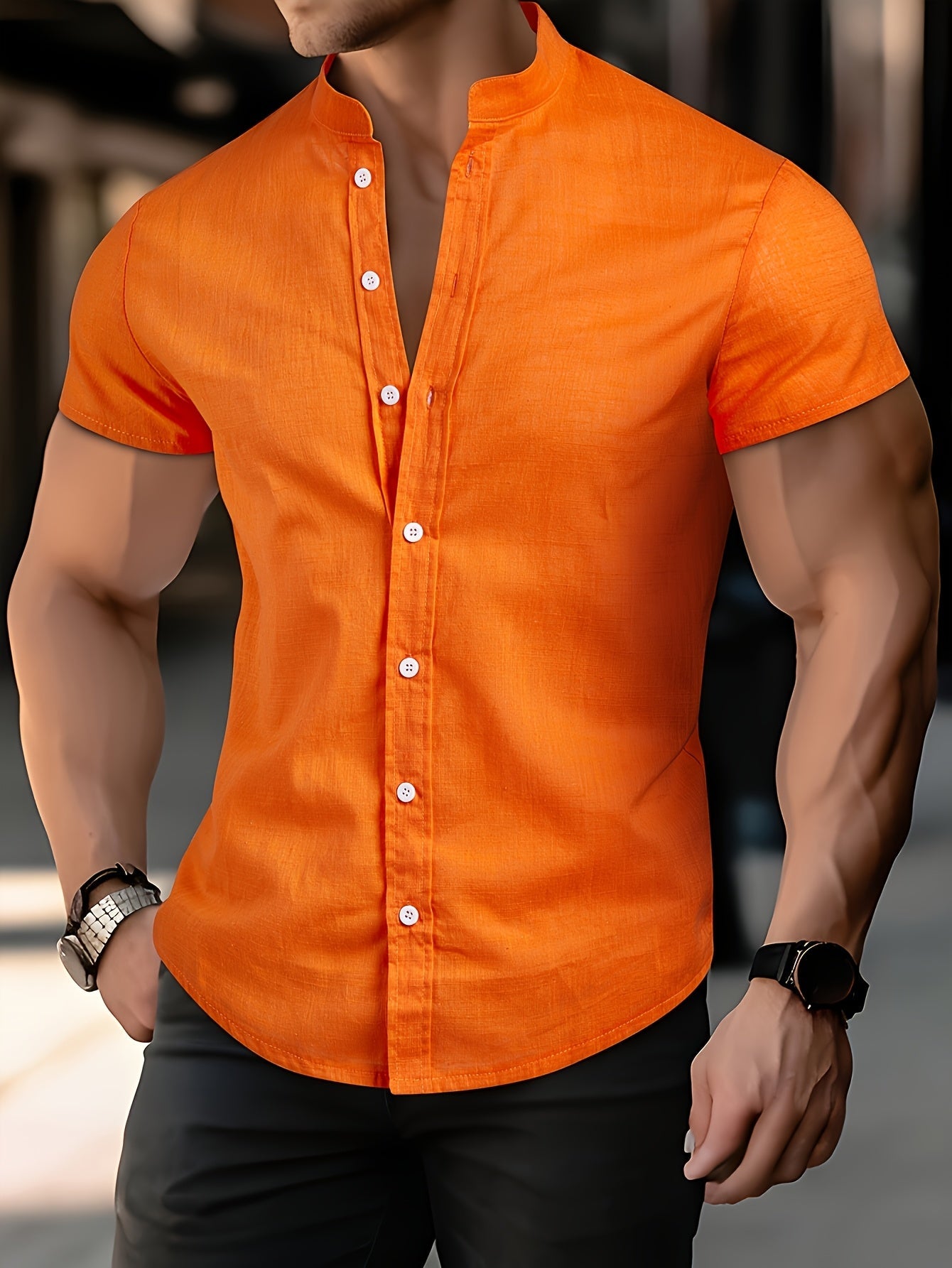 Chemise à manches courtes en coton col montant du S au 3XL MAEJORKEN