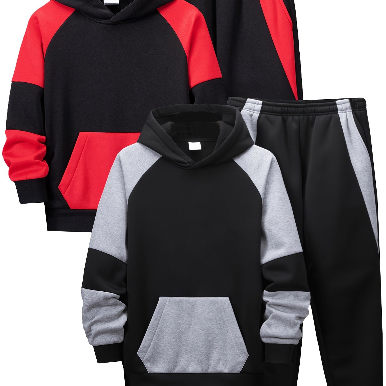 2 Sets of Classic Contrast Color Splicing Hoodie and Pants, Fashionable Casual Sports Suit for Boys and Girls, Comfortable Children's Daily Wear with Velvet in Autumn and Winter MAEJORKEN