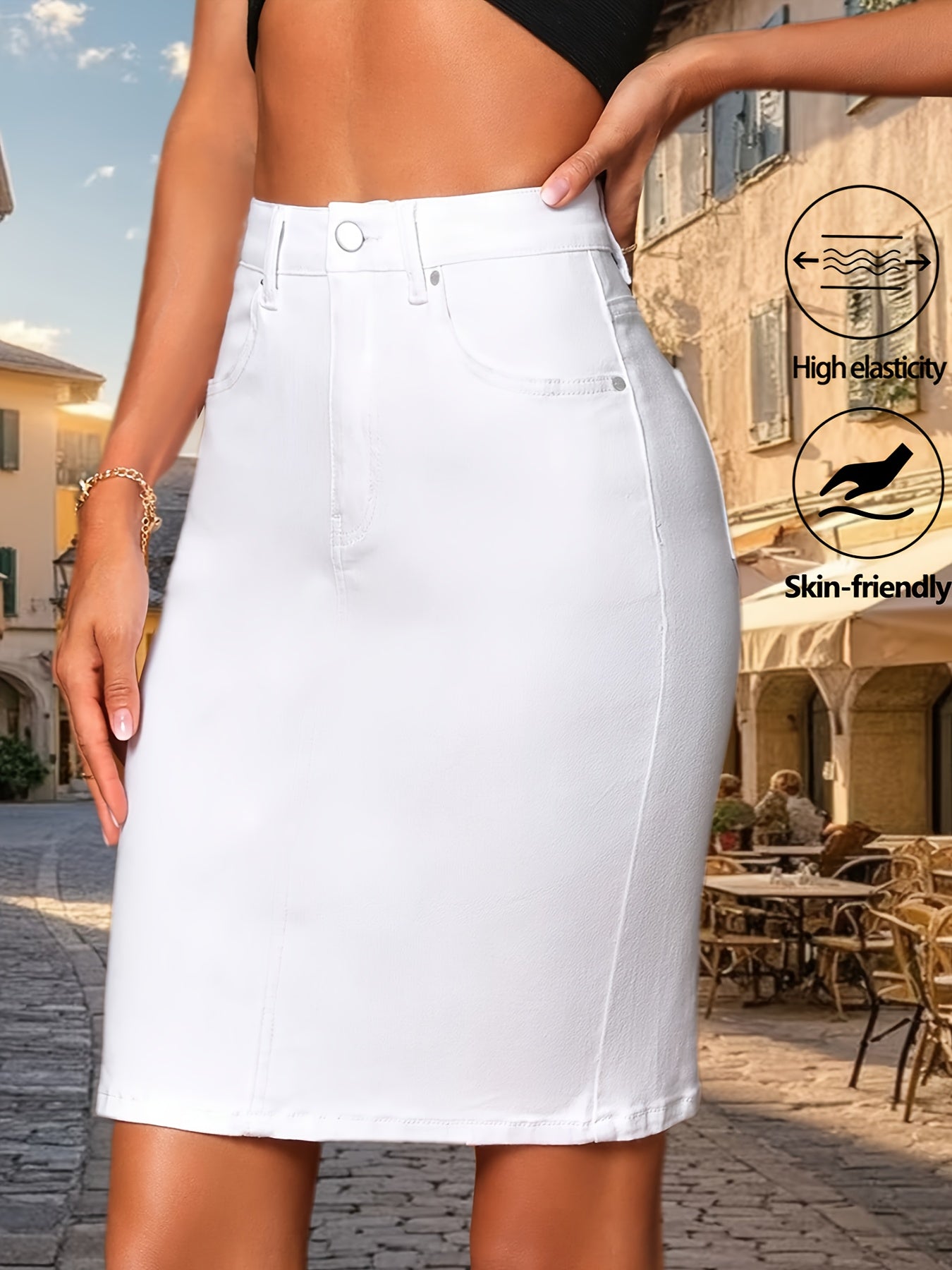 Jupe en denim moulante taille haute longueur du genou du S au 2XL