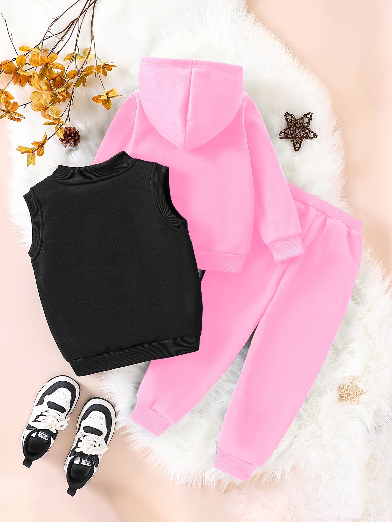 3pcs Girls' NYC Glitter Lettering & Golden Trim Winter Warmth Full-Zip Hooded Sweater & Wide-Leg Pants Set with Faux Fur Hood - Thickened Outerwear for Fall/Winter, Machine Washable - Pink & Black Lettering, White Lettering & MAEJORKEN