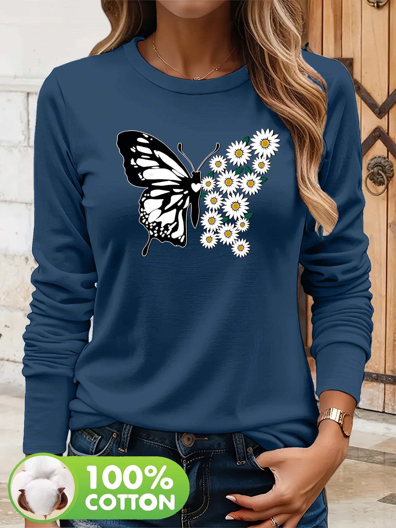 Pull à manches longues femme 100% coton imprimé papillon du S au 2XL