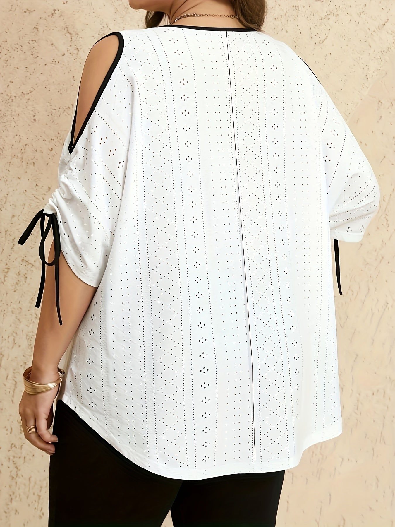 Plus Size - Women'S Plus Size Elegant White Blouse with Black Drawstring Sleeves - Round Neck, Stretchy Polyester-Spandex Blend, All-Season Versatile Top for Casual or Formal Wear, Versatile Fashion | Round Neck Blouse | Medi MAEJORKEN