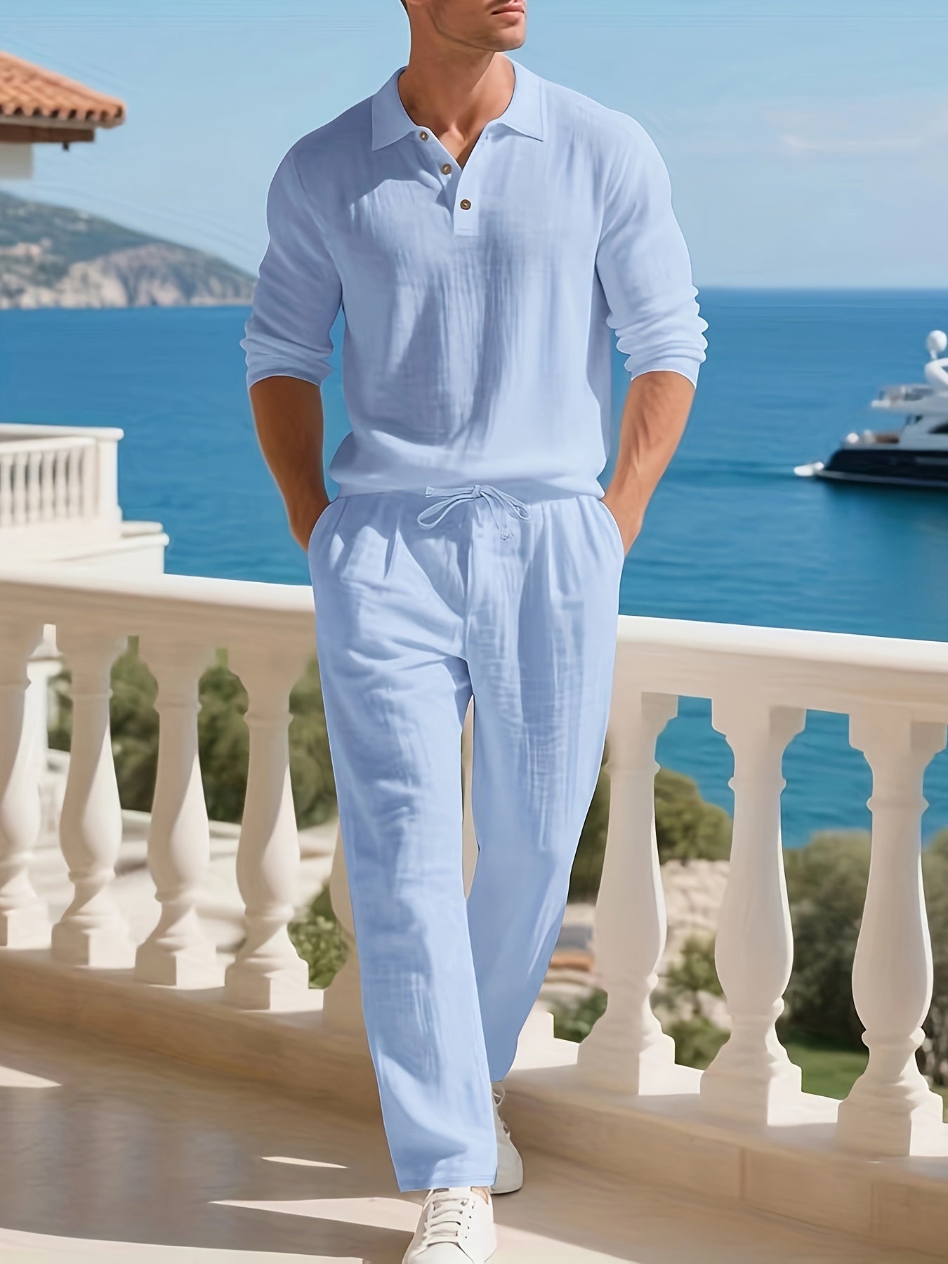 Ensemble pantalon large et polo à manches longues en lin du S au 3XL MAEJORKEN