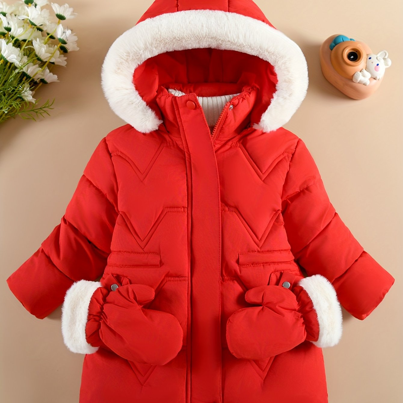 Doudoune à capuche couleur unie avec gant pour filles de 1 ans à 10 ans MAEJORKEN