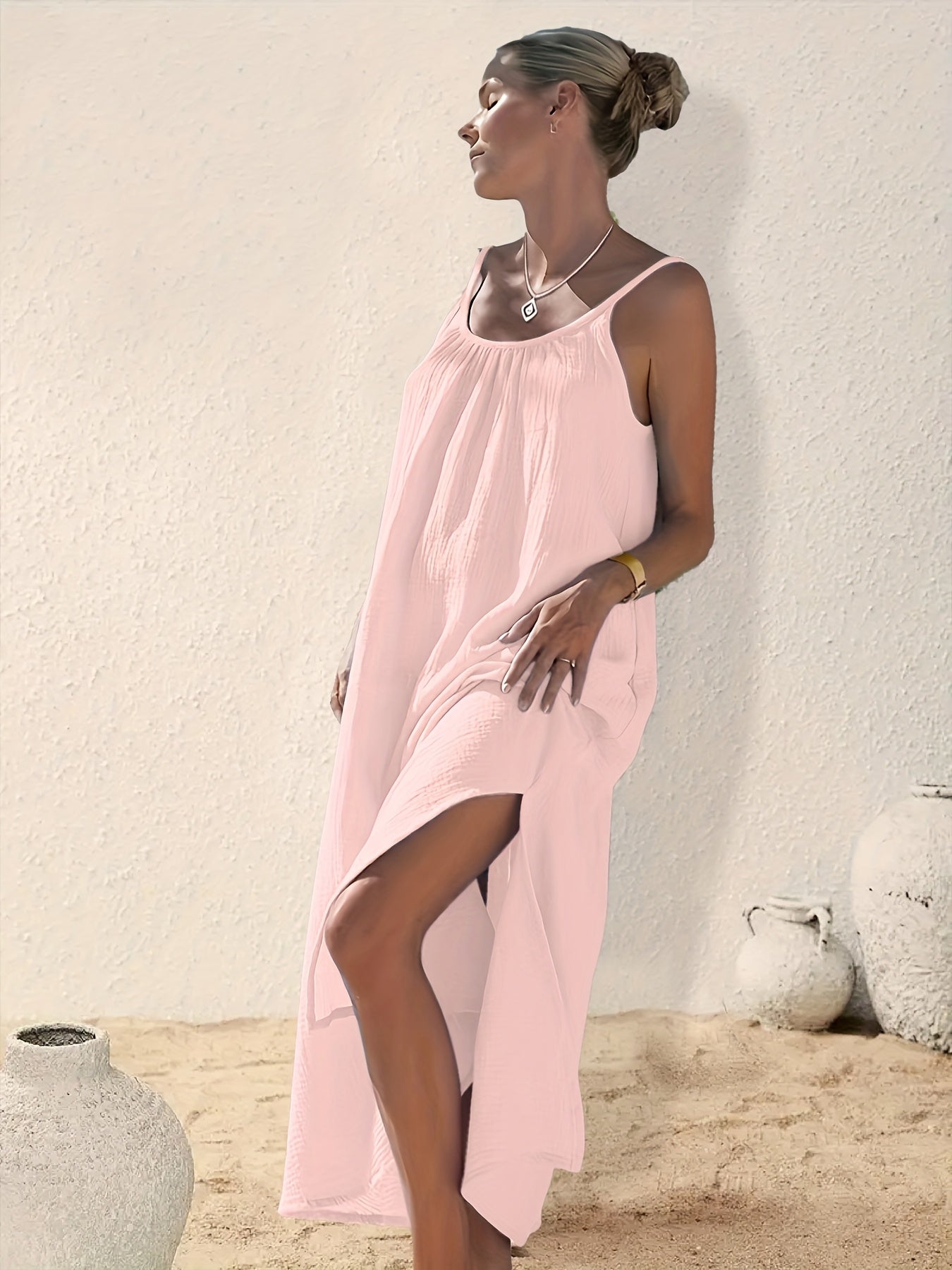 Robe d été sans manches avec plis sur le décolleté & fente latéral du S au 2XL