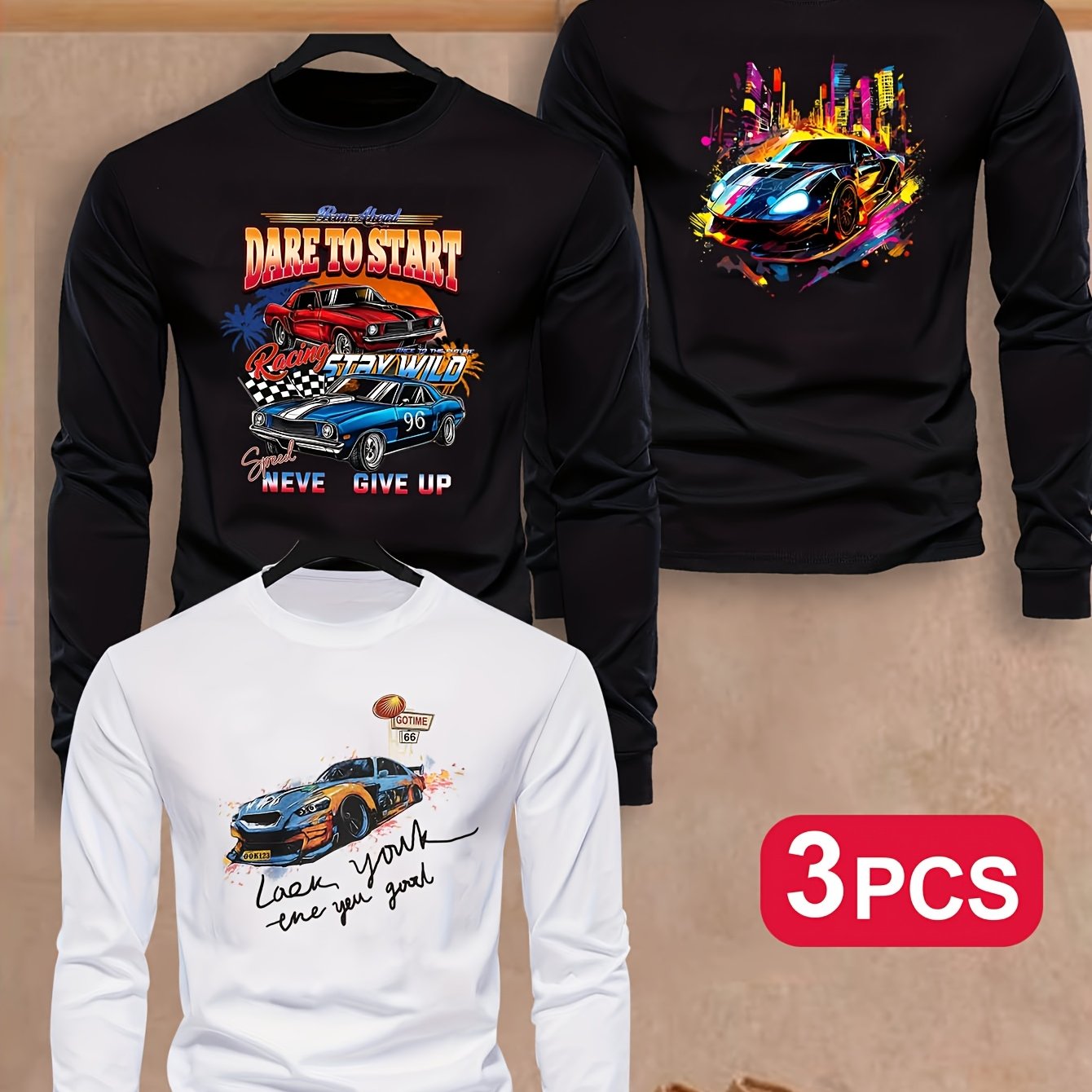 3pcs Boys' Casual Long Sleeve T-Shirts - Vibrant Sports Car Print, "Dare to Start" & "Never Give Up" Inspirational Messages, High-Elasticity Fabric, Crew Neck, Fall Fashion, Motocross Jersey, For Teenager MAEJORKEN