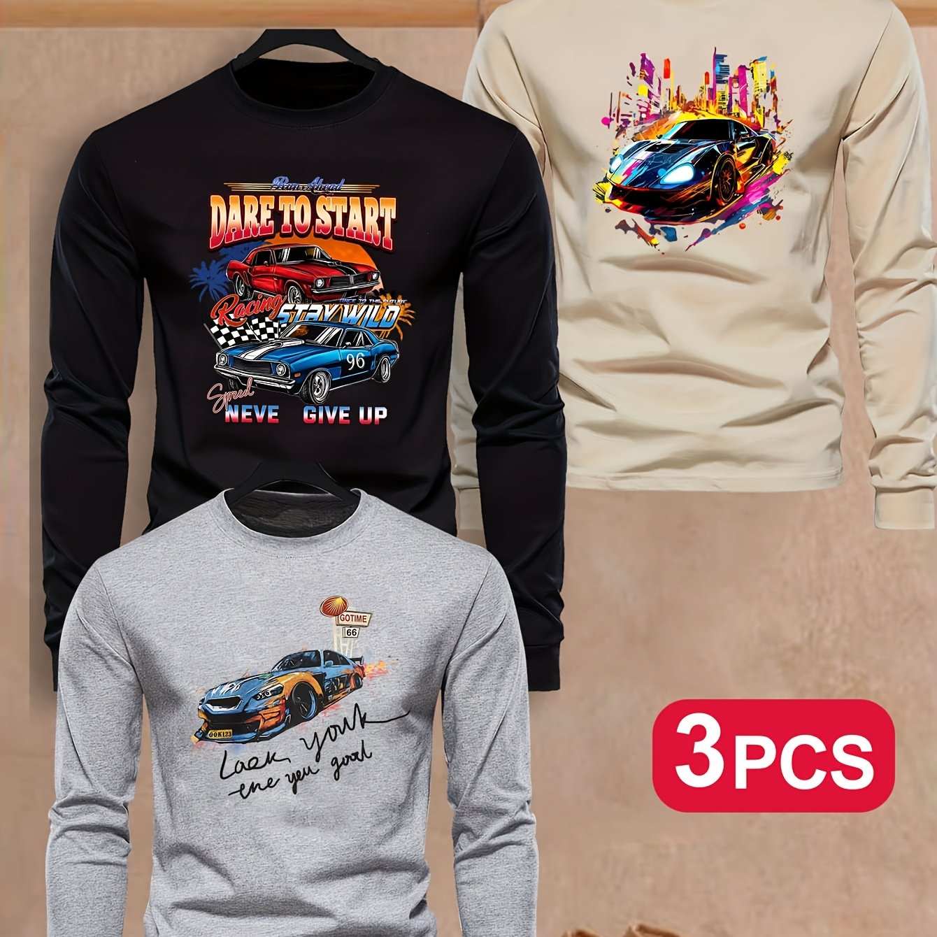 3pcs Boys' Casual Long Sleeve T-Shirts - Vibrant Sports Car Print, "Dare to Start" & "Never Give Up" Inspirational Messages, High-Elasticity Fabric, Crew Neck, Fall Fashion, Motocross Jersey, For Teenager MAEJORKEN