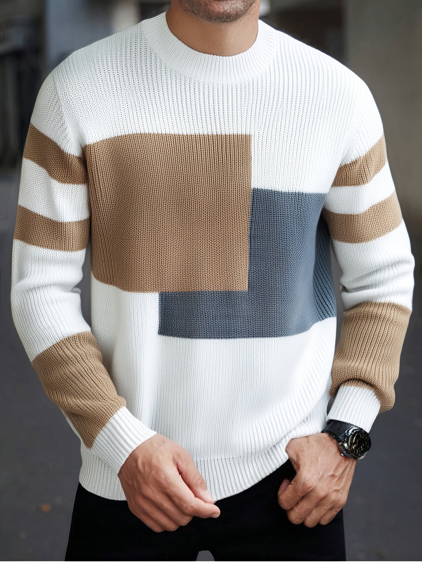 Pull à bloc de couleurs beige/bleu/gris à col rond du S au 2XL