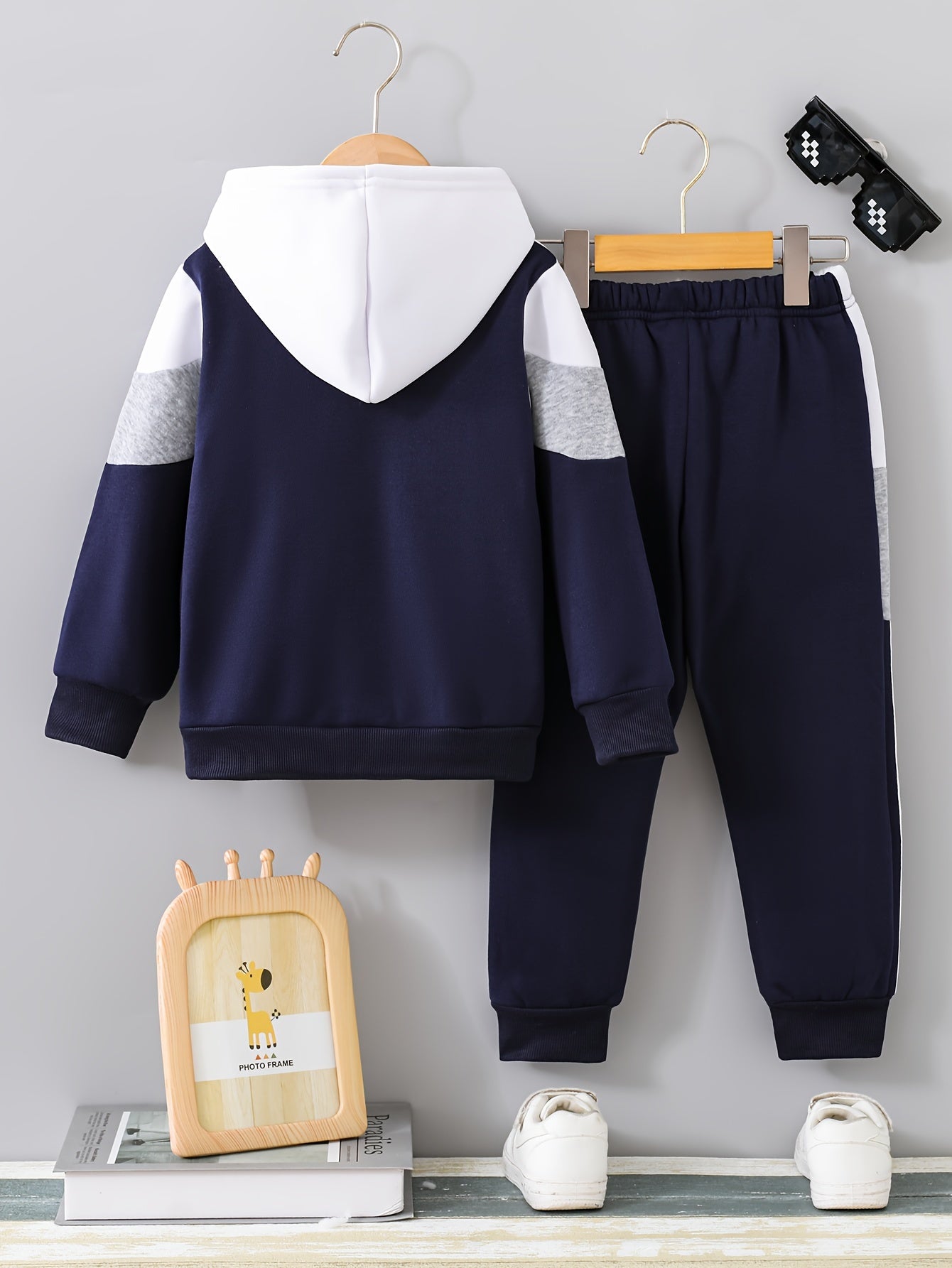 Boys' Dreamy Dresses Fall/Winter Fashion Set - Color Block Hoodie & Casual Pants in White, Gray, Navy - Polyester, Long Sleeve, Non-Stretch Fabric, Winter Youngsters's Clothing|Casual Pants Set|Easy Care Material, Perfect for MAEJORKEN