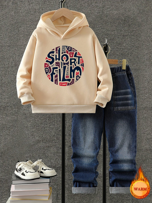 2025 New Boys' Fleece-Lined Hoodie Set - Autumn/Winter Thickened Style, SHORT FILM Letter Print Round Neck Top + Faux Denim Two-Piece Outfit for Ages 8-13, Trendy Kids' Clothing, Hand Washable & Easy Care, Warm Wear for Schoo MAEJORKEN