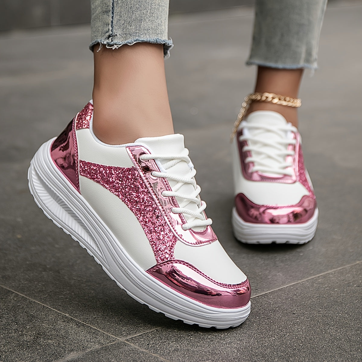 Baskets basses décontractées à paillettes blanches et roses pour femmes du 34,5 au 42