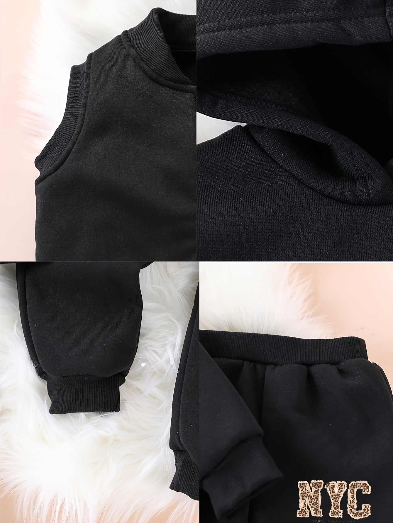 3pcs Girls' NYC Glitter Lettering & Golden Trim Winter Warmth Full-Zip Hooded Sweater & Wide-Leg Pants Set with Faux Fur Hood - Thickened Outerwear for Fall/Winter, Machine Washable - Pink & Black Lettering, White Lettering & MAEJORKEN
