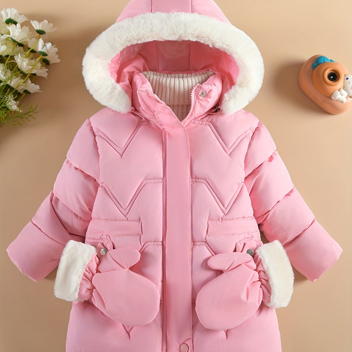 Doudoune à capuche couleur unie avec gant pour filles de 1 ans à 10 ans MAEJORKEN