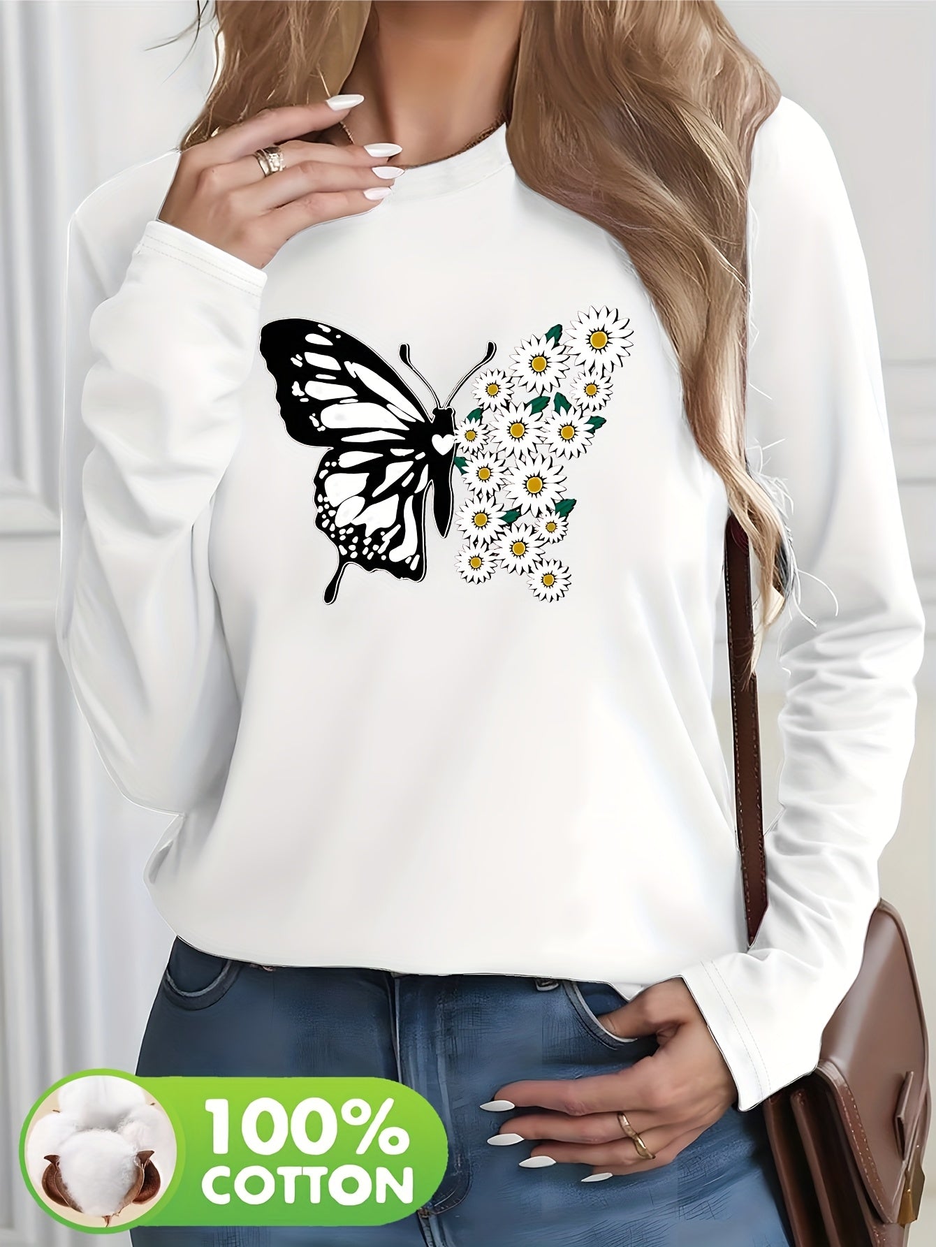 Pull à manches longues femme 100% coton imprimé papillon du S au 2XL