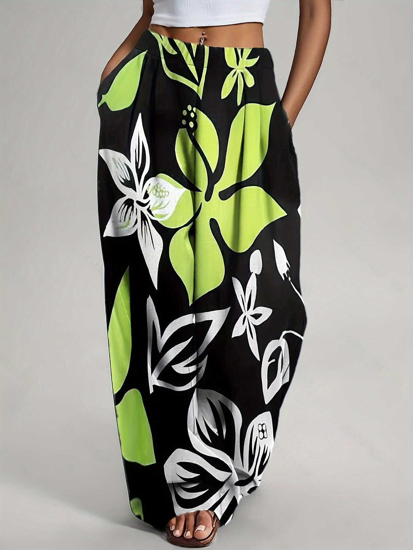 Pantalon large taille haute à imprimé tropical bohème du S au 2XL