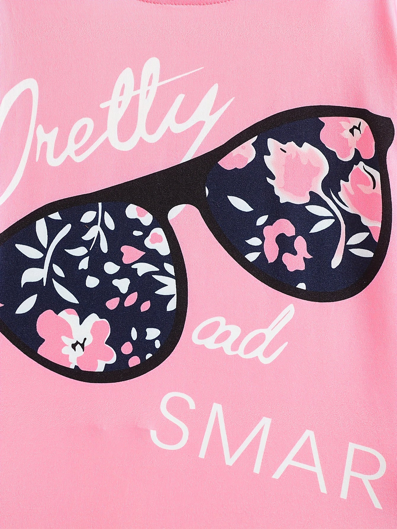 Ensemble de 2 pièces pour filles avec impression de grandes lunettes et motif de citation, t-shirt loose à épaules dénudées avec design asymétrique + leggins courts à imprimé floral du 4 au 8 ans