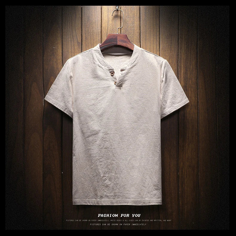 T-Shirt à manches courtes respirant coton lin couleur unie col en V du M-9XL
