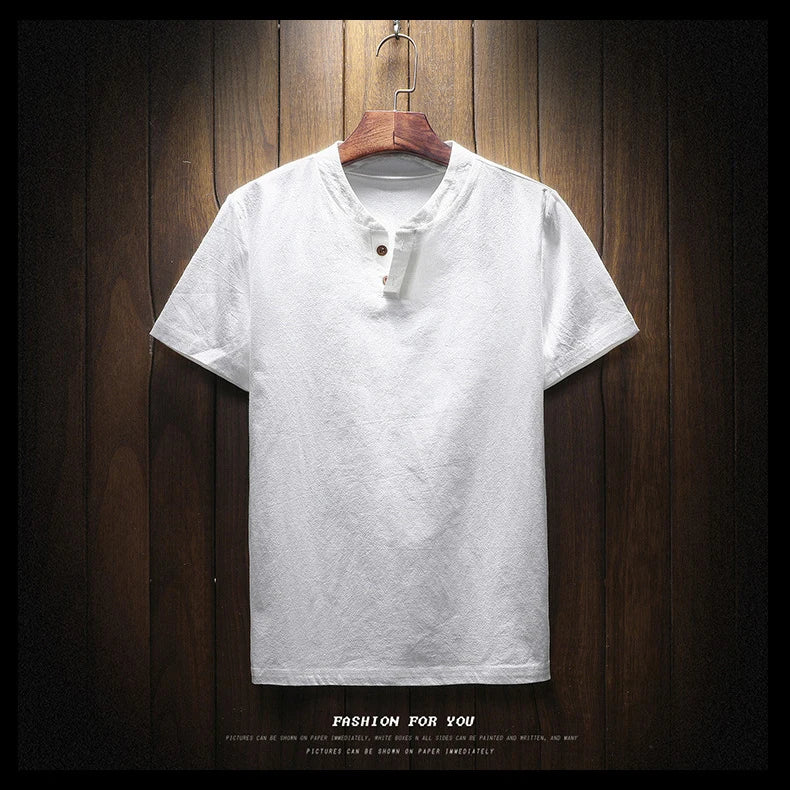 T-Shirt à manches courtes respirant coton lin couleur unie col en V du M-9XL