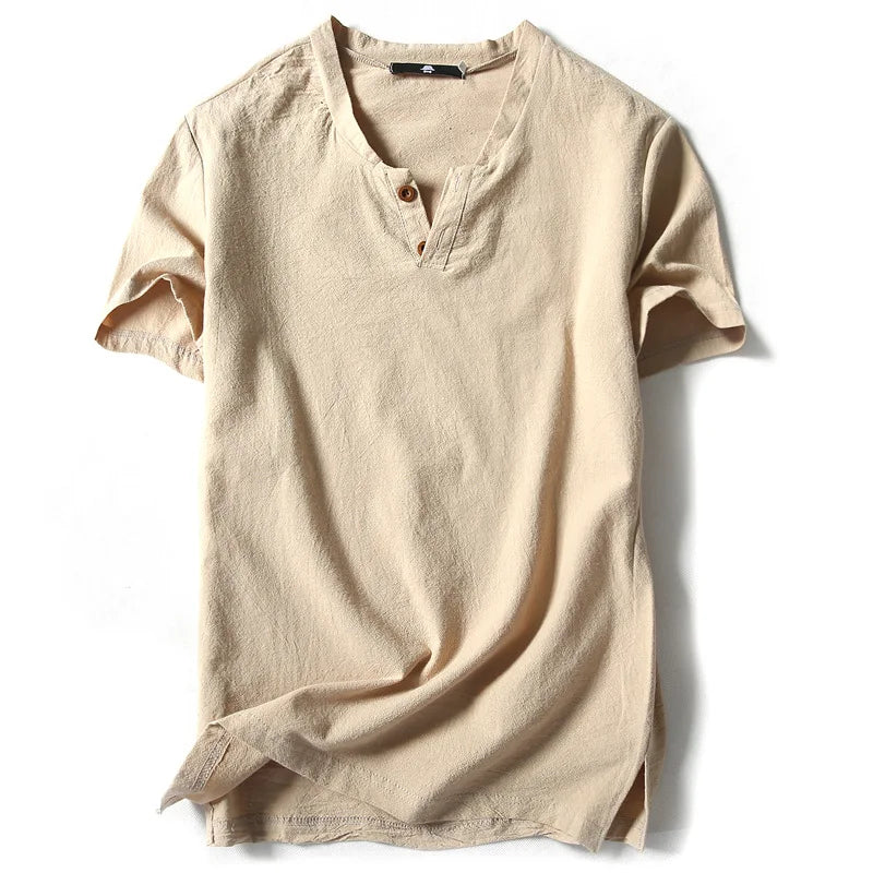 T-Shirt à manches courtes respirant coton lin couleur unie col en V du M-9XL