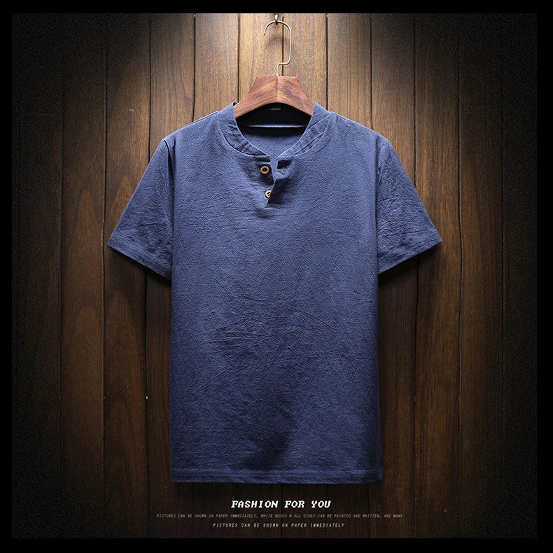 T-Shirt à manches courtes respirant coton lin couleur unie col en V du M-9XL