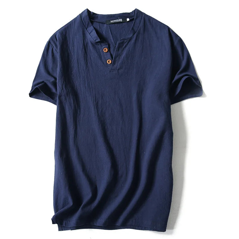 T-Shirt à manches courtes respirant coton lin couleur unie col en V du M-9XL