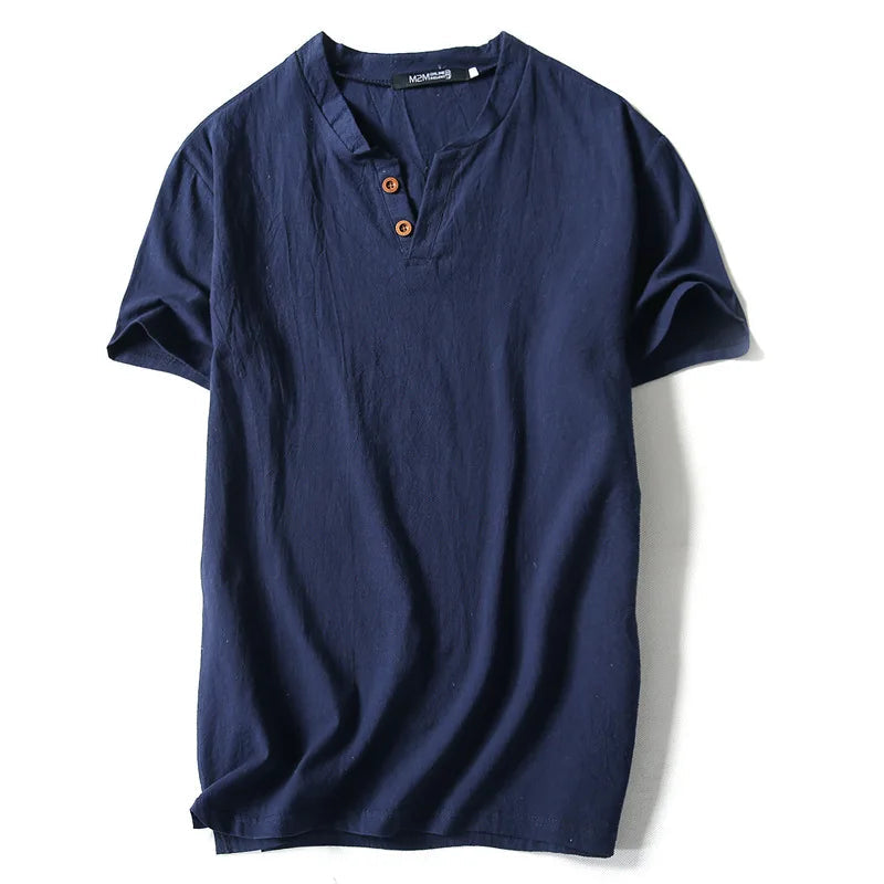 T-Shirt à manches courtes respirant coton lin couleur unie col en V du M-9XL MAEJORKEN