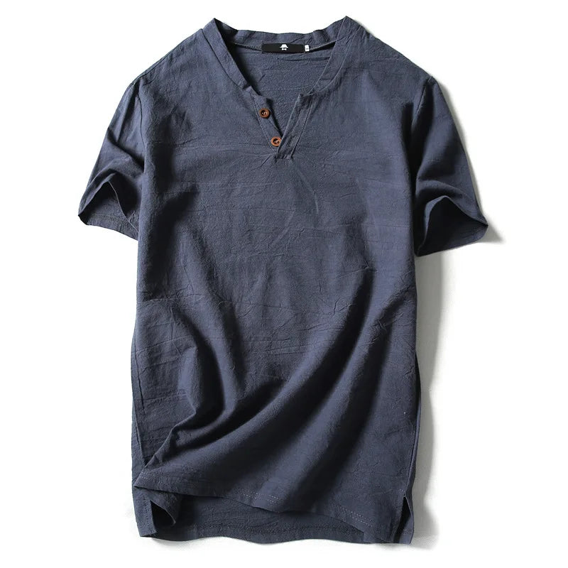 T-Shirt à manches courtes respirant coton lin couleur unie col en V du M-9XL
