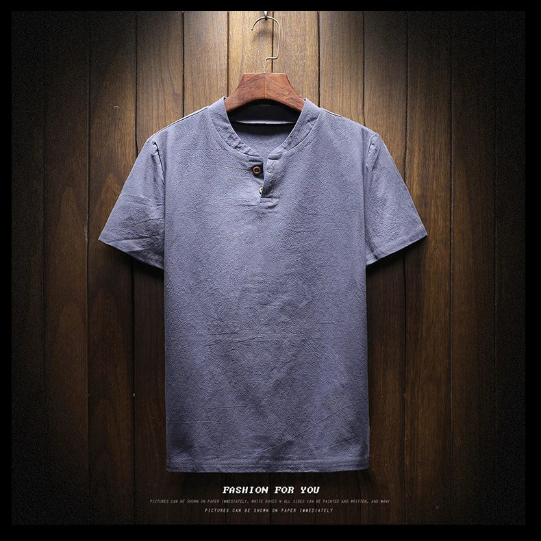 T-Shirt à manches courtes respirant coton lin couleur unie col en V du M-9XL