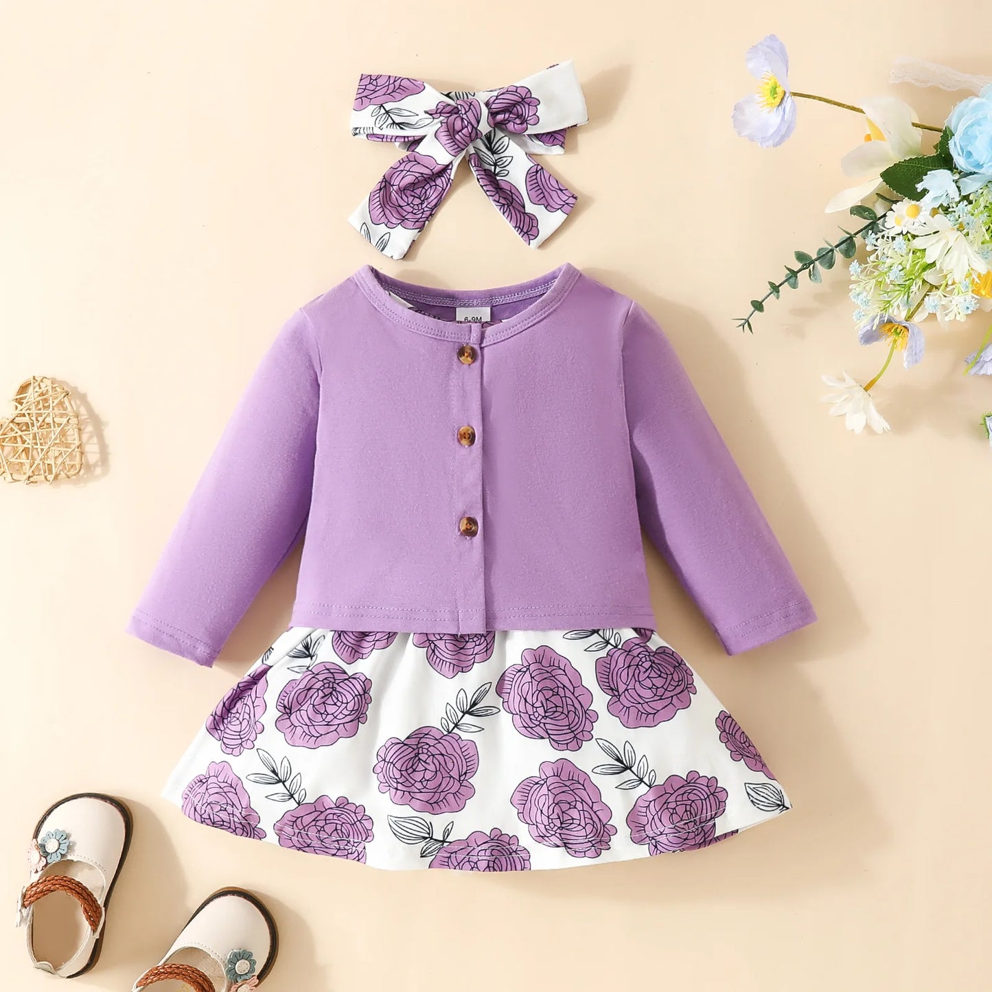 Ensemble 3 pièces robe et veste à manche longue avec nœud pour bébé filles du 6 mois au 3 ans