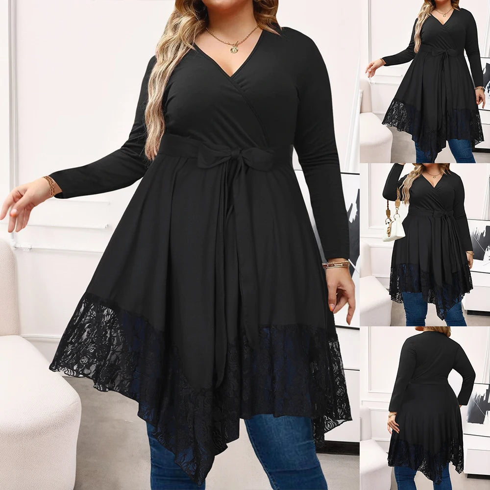 Robes chemise en Y à col en V manches longues, grande taille