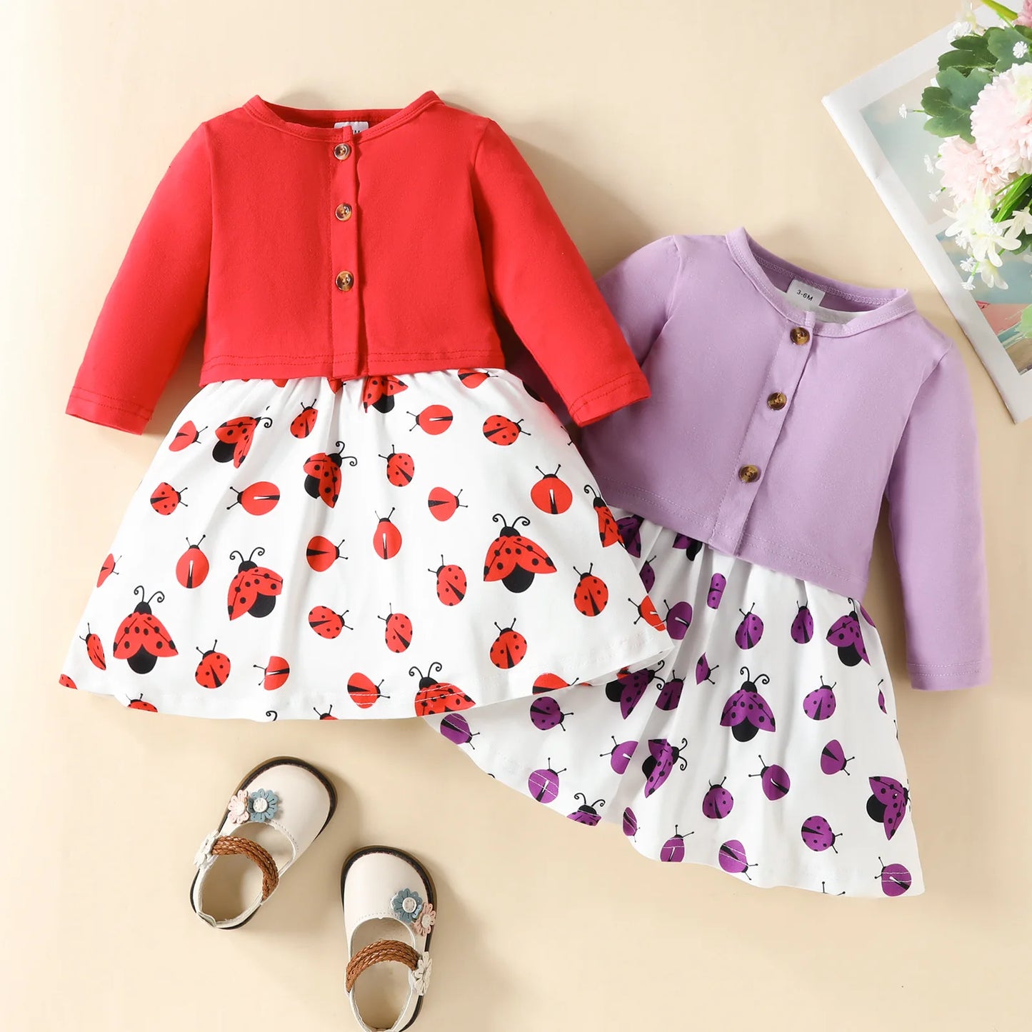 Ensemble 3 pièces robe et veste à manche longue avec nœud pour bébé filles du 6 mois au 3 ans